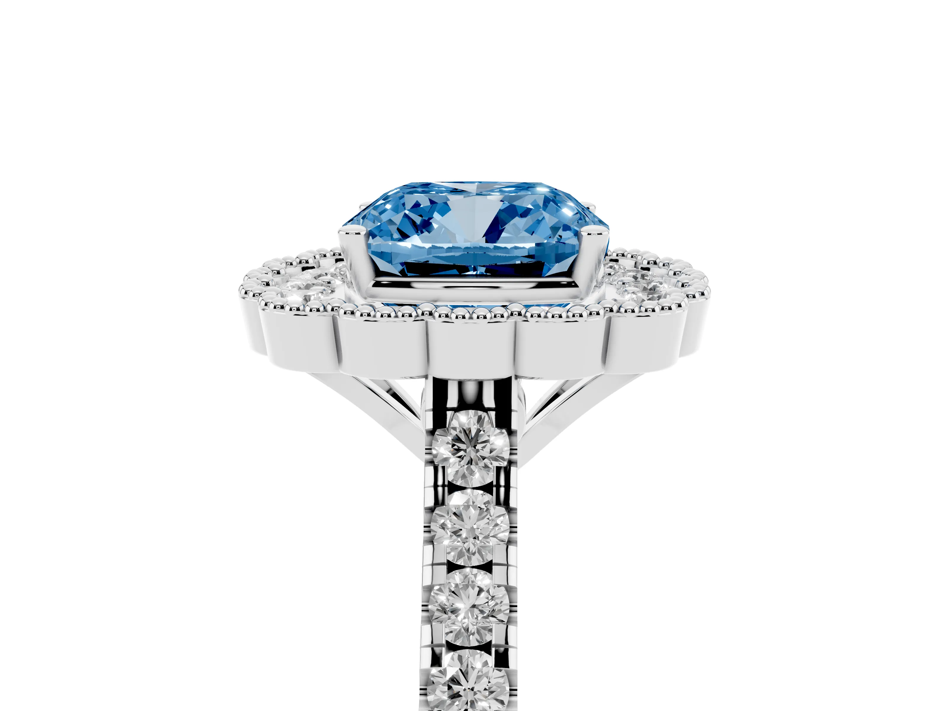 Fancy Blue Cushion Cut Diamond Milgrain Floral Halo Engagement Ring Set in White gold with Pavé Band