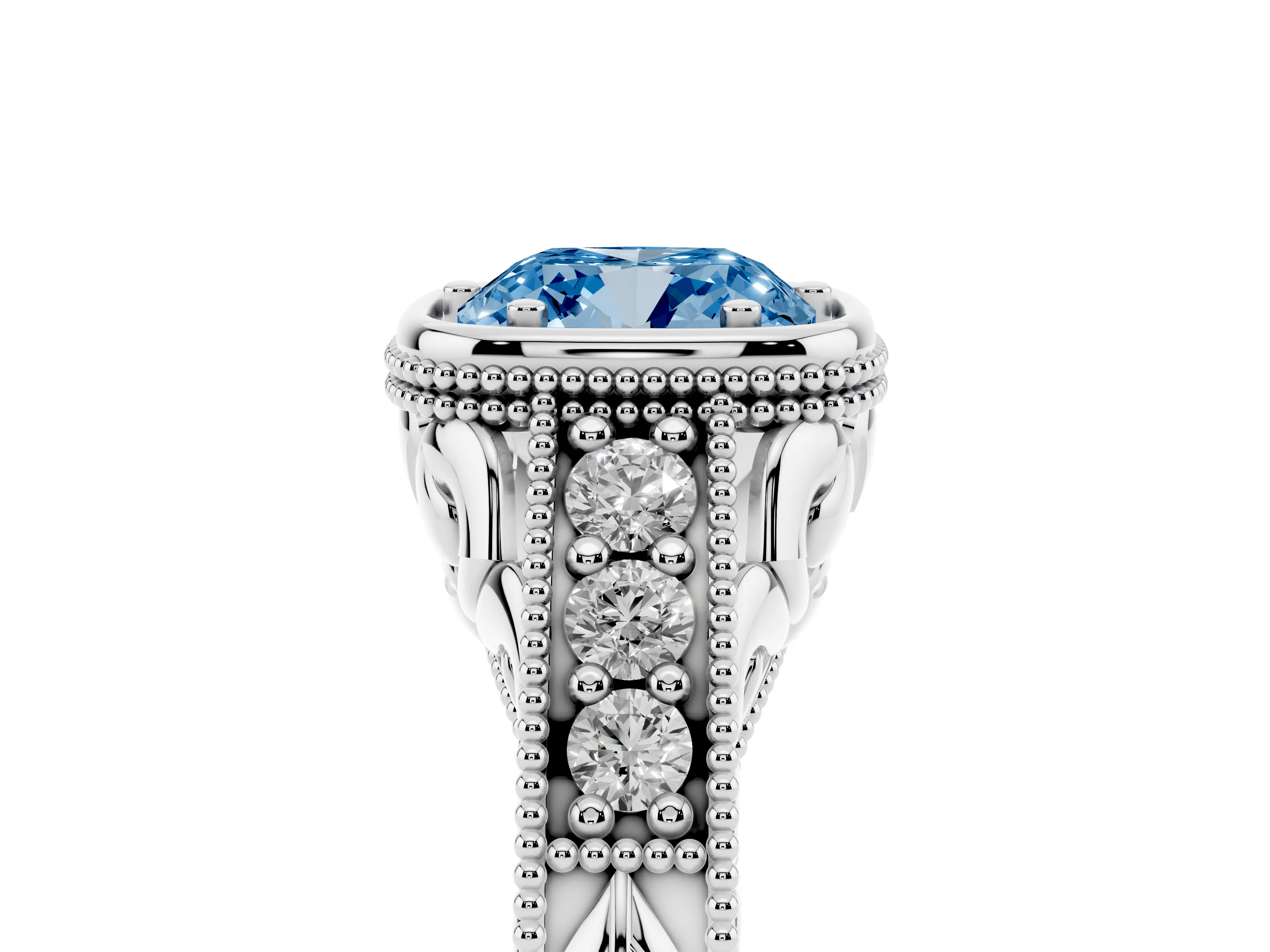 Fancy Blue Bezel Set Cushion Cut Diamond Milgrain Pavé Engagement Ring Set in White gold