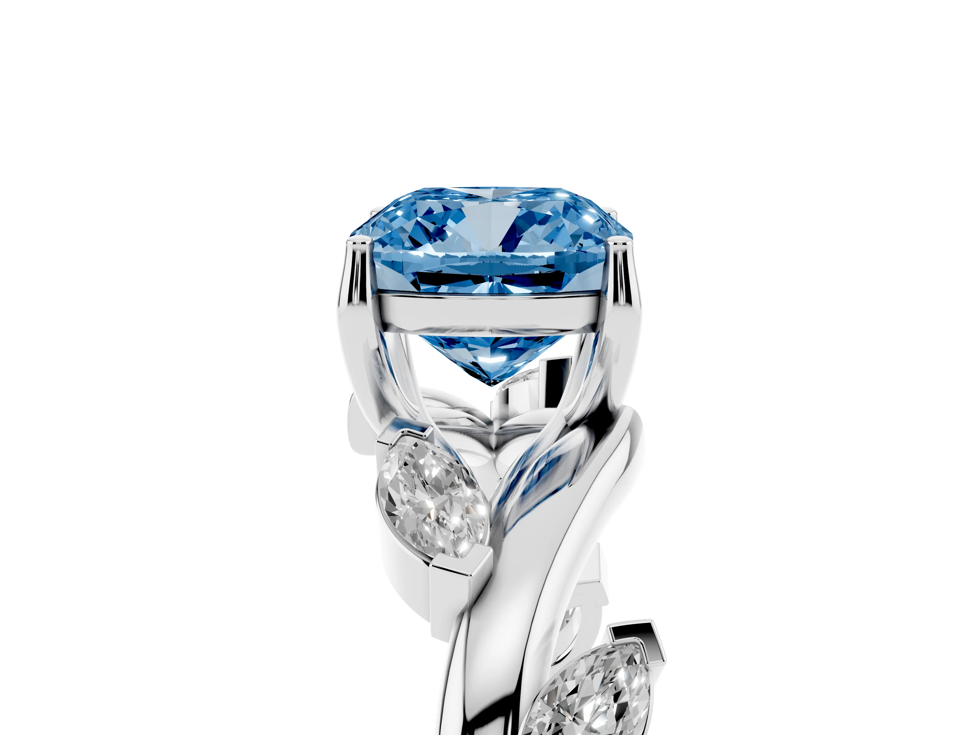 Fancy Blue Cushion Cut Diamond Solitaire Ring Set in White gold with Twisted Marquise Accent Band