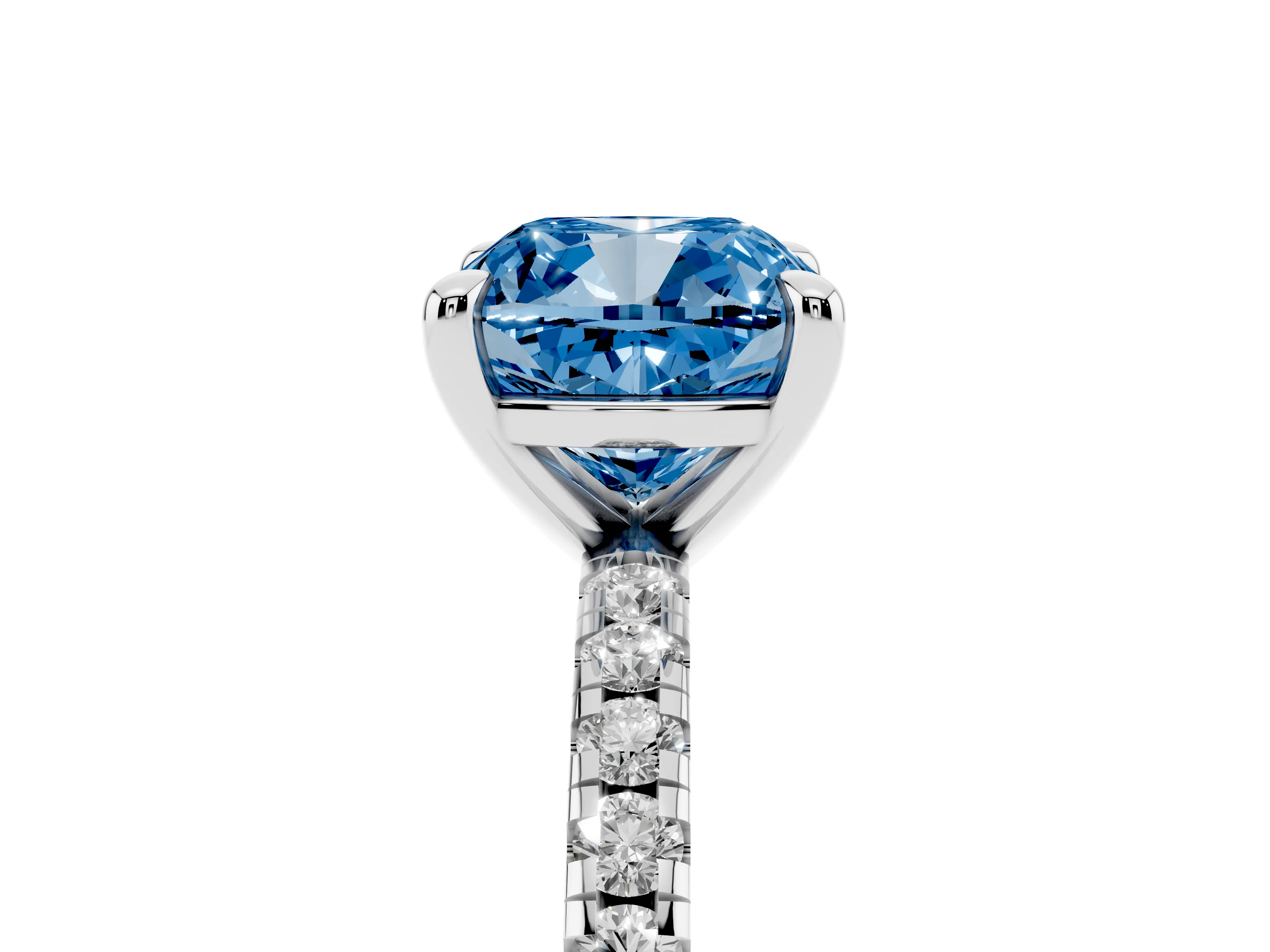 Fancy Blue Cushion Cut Diamond Brilliant Solitaire Ring Set in Platinum with Pavé Band and Prong Setting