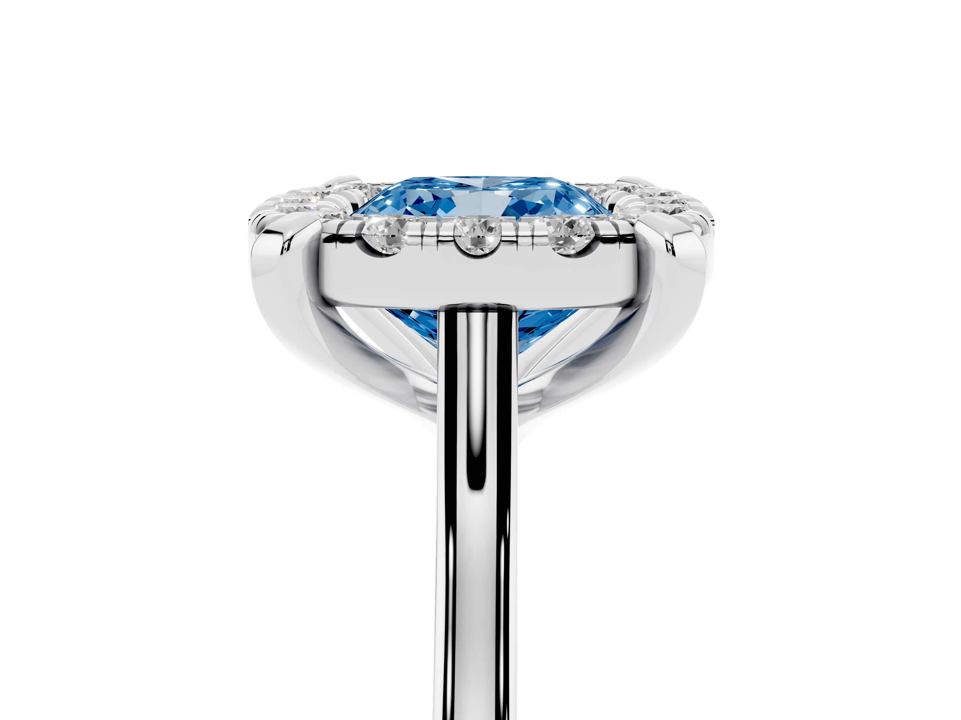 Fancy Blue Cushion Cut Diamond Cluster Halo Solitaire Ring Set in Silver with Prong Setting