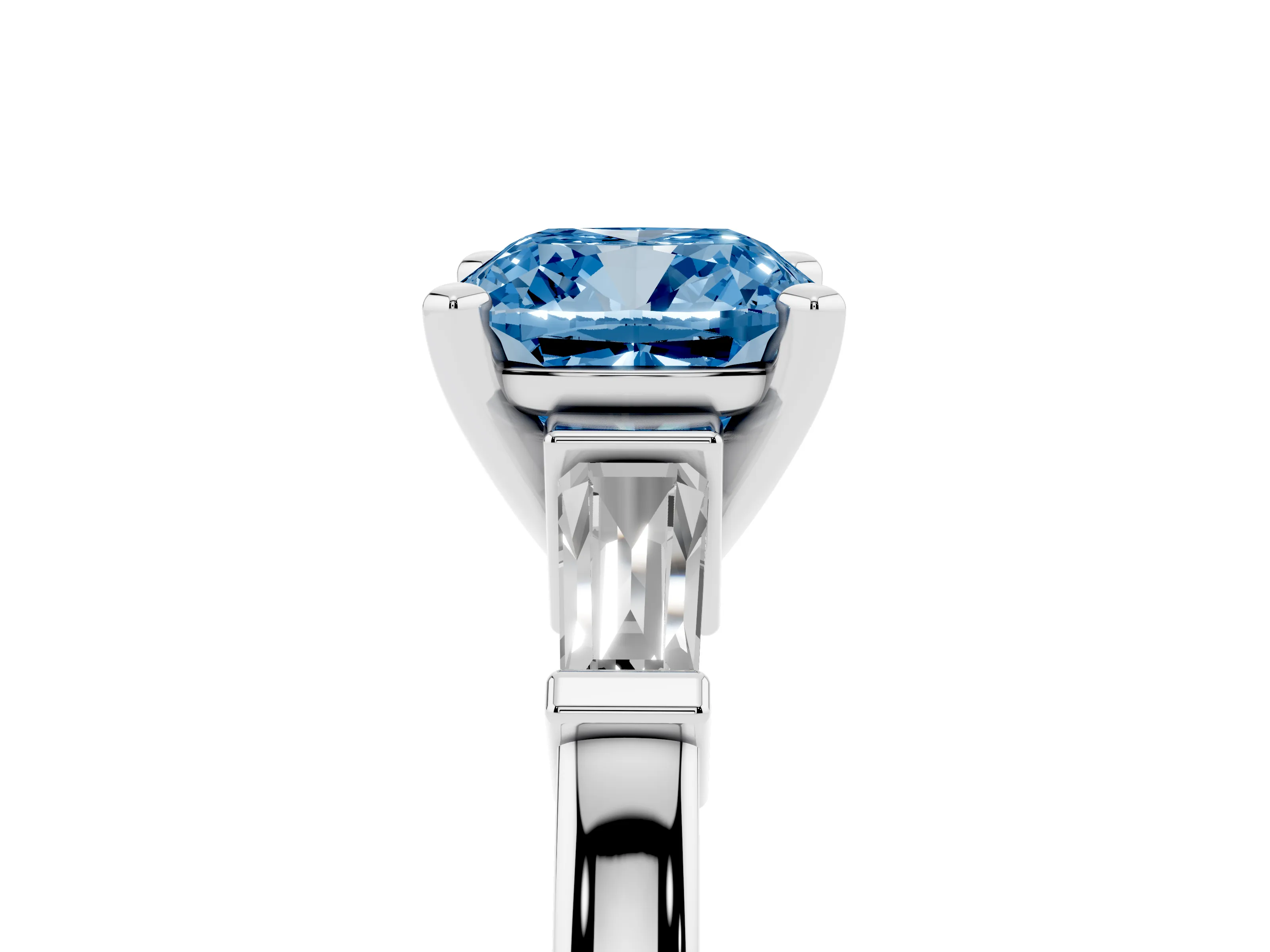 Fancy Blue Cushion Cut Diamond Solitaire Ring Set in Platinum with Tapered Baguette Accents and Prong Setting
