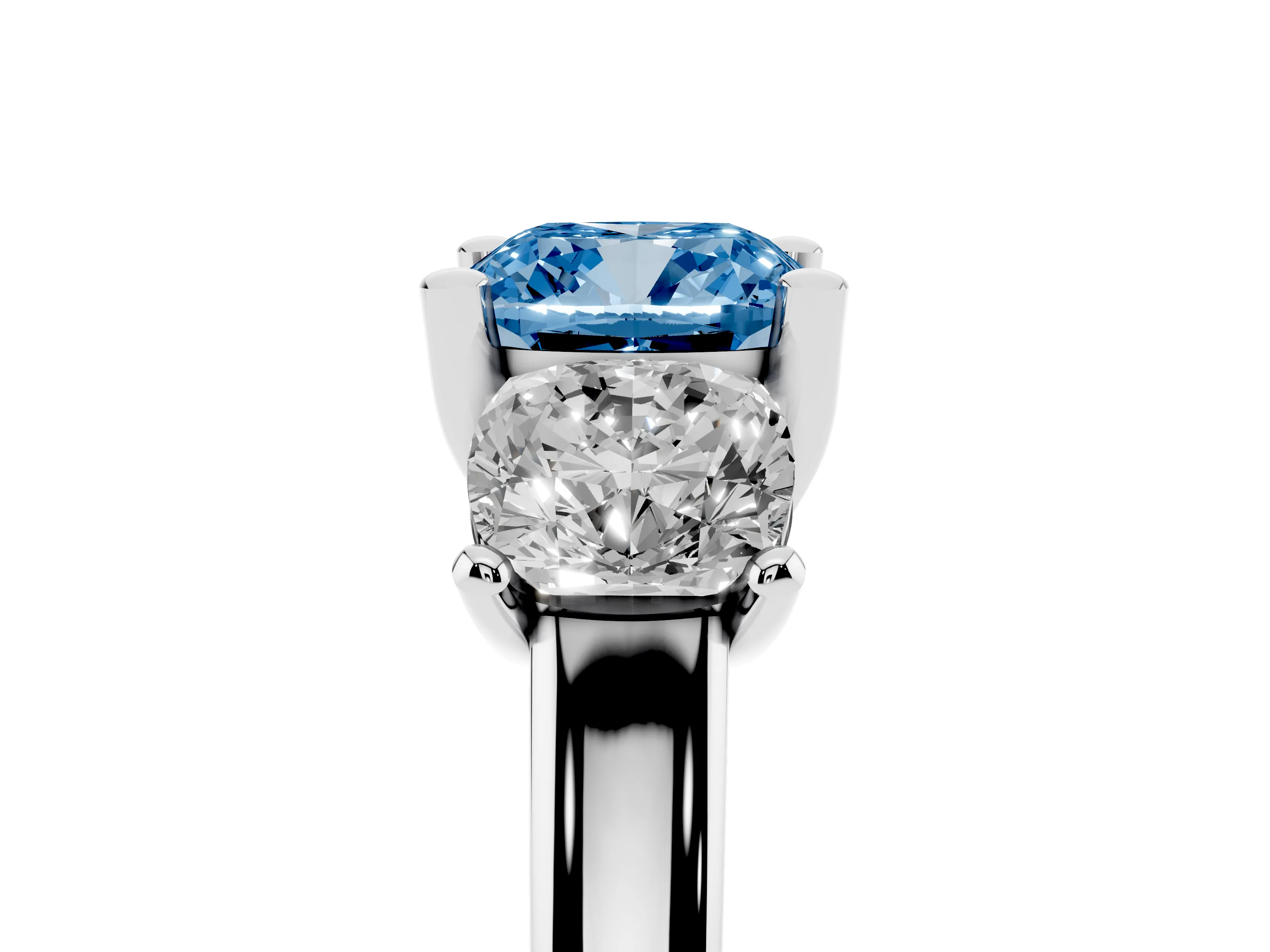 Fancy Blue Cushion Cut Diamond Three-Stone Ring Set in White gold with Classic Prong Setting and Plain Band