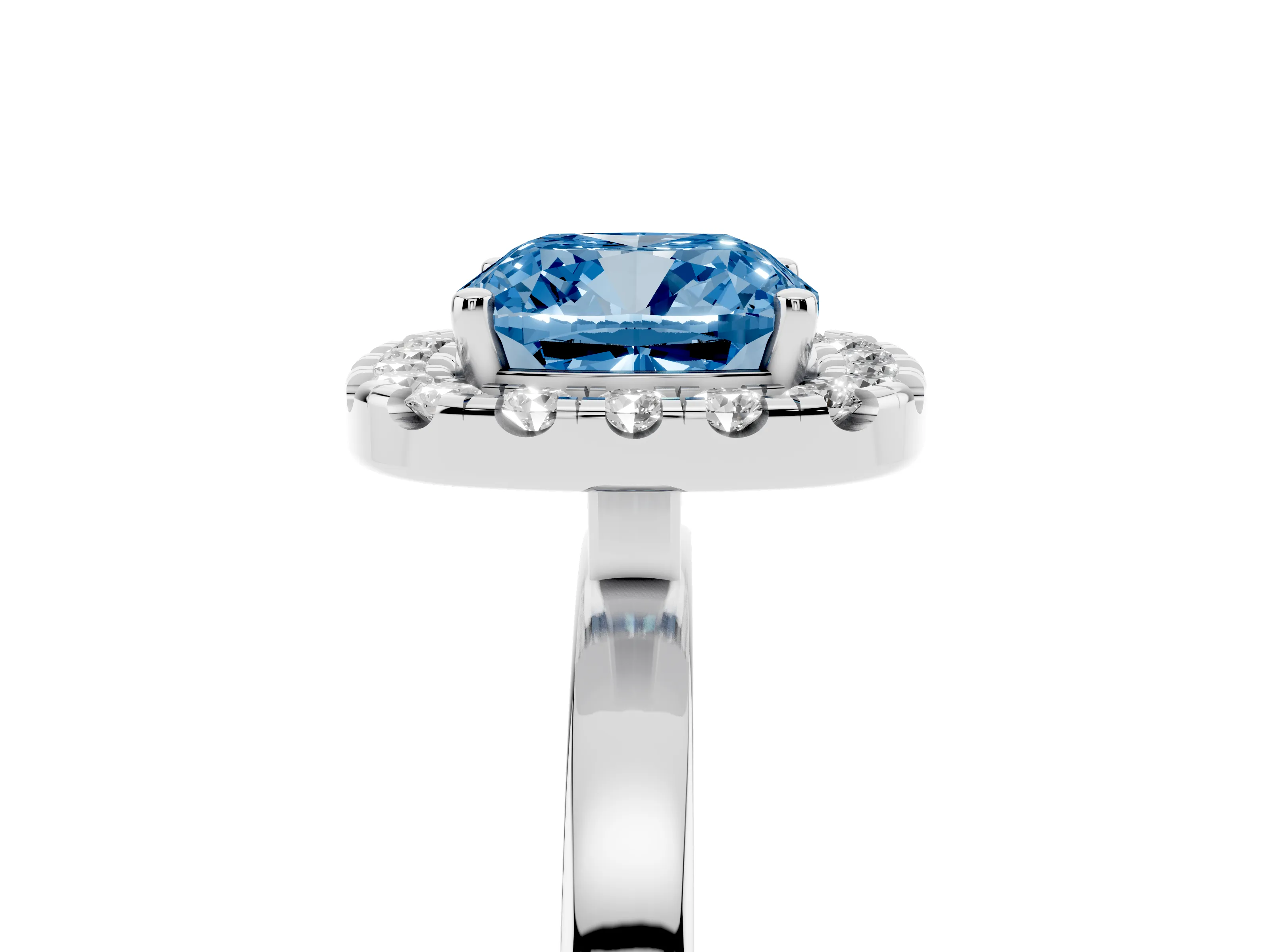 Fancy Blue Cushion Cut Diamond Halo Solitaire Ring Set in White gold with Pavé Band and Prong Setting
