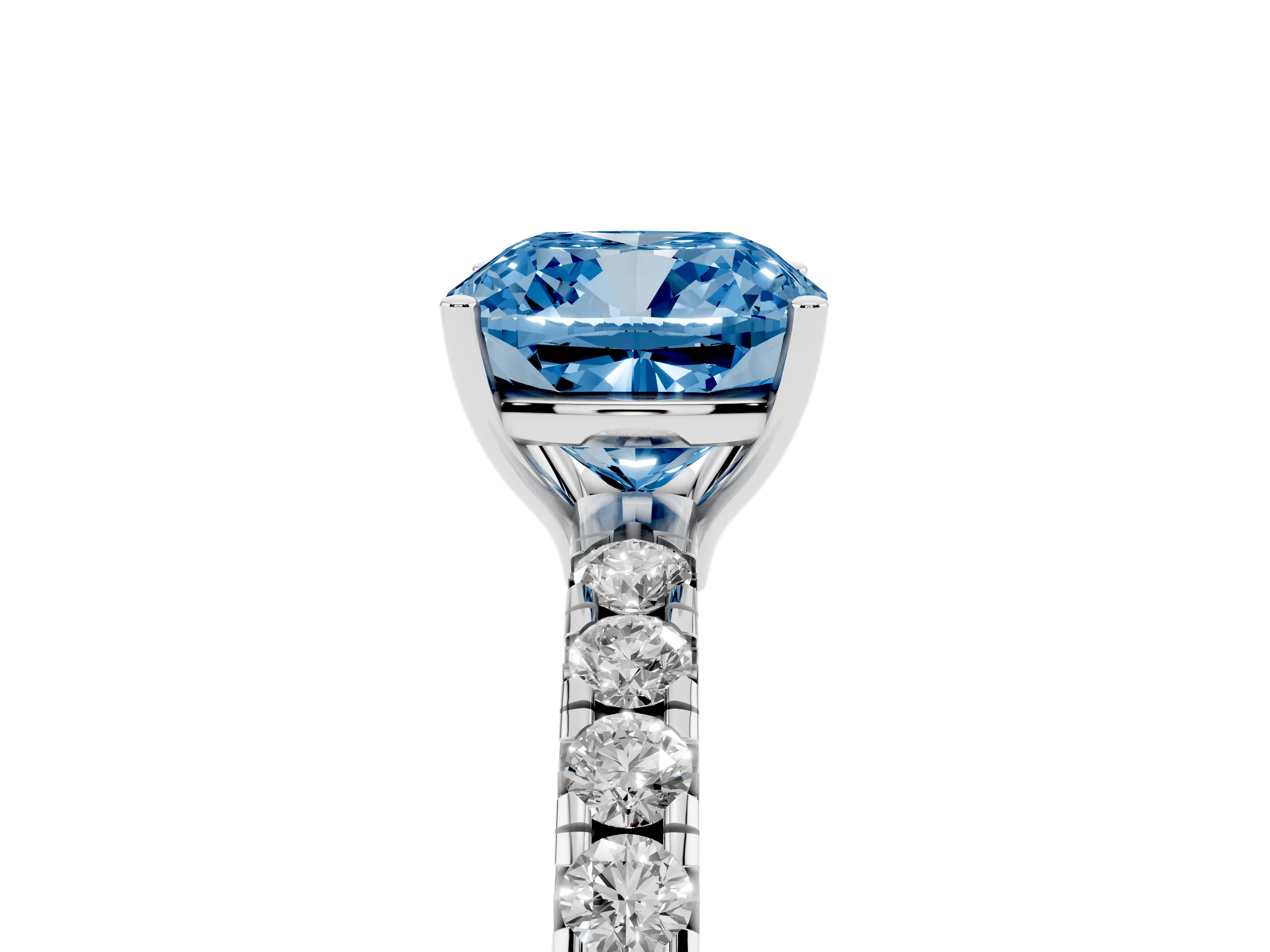 Fancy Blue Cushion Cut Diamond Pavé Solitaire Engagement Ring Set in Platinum with Prong Setting