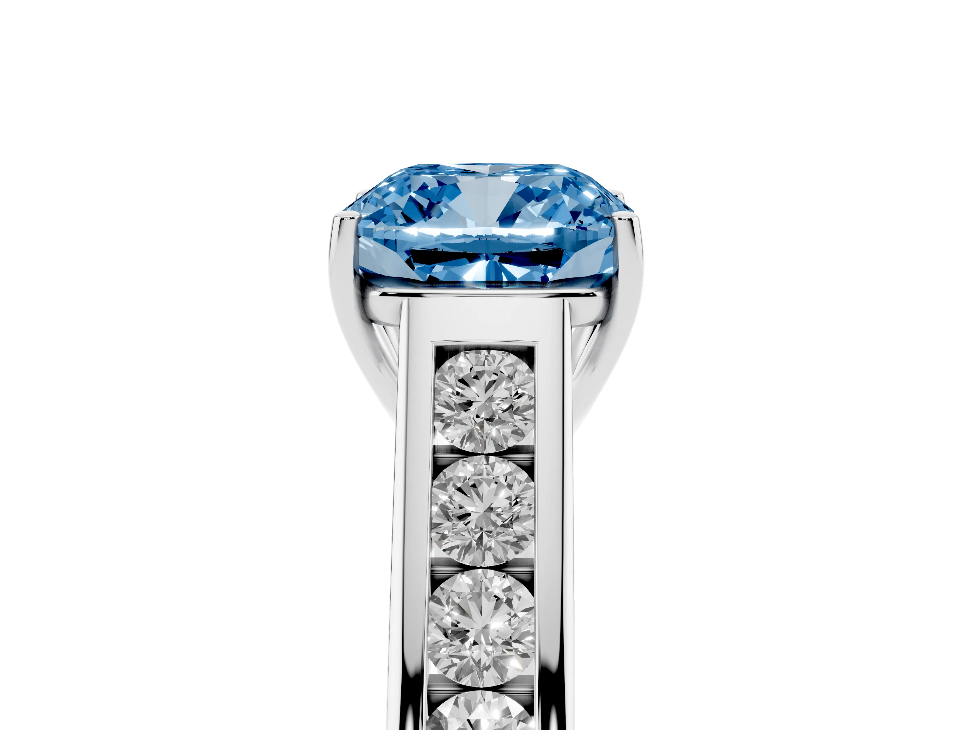 Fancy Blue Cushion Cut Diamond Brilliant Channel-Set Solitaire Ring Set in White gold with Prong Setting
