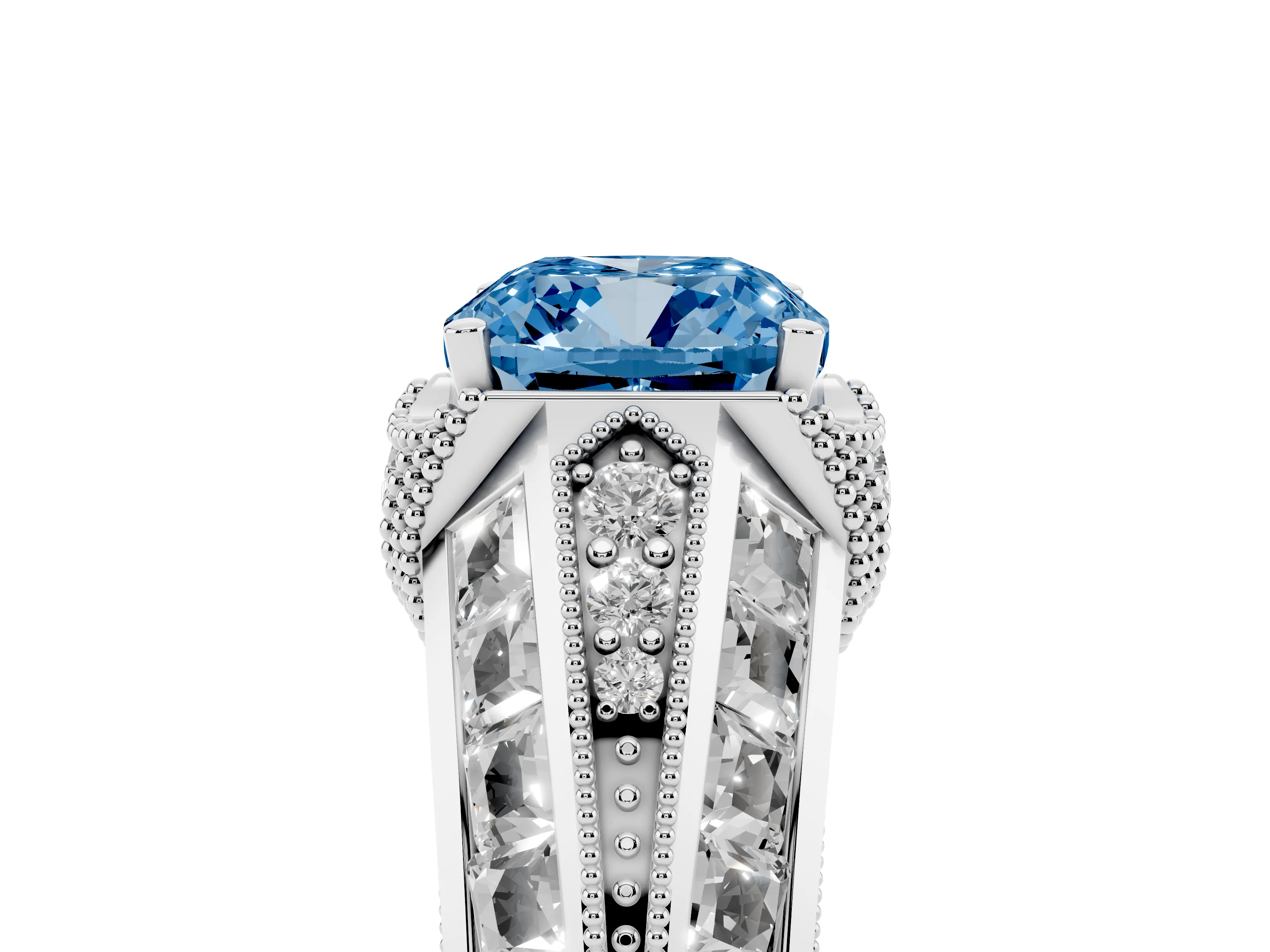 Fancy Blue Cushion Cut Diamond Vintage-Inspired Milgrain Ring Set in Silver with Accent Split Shank