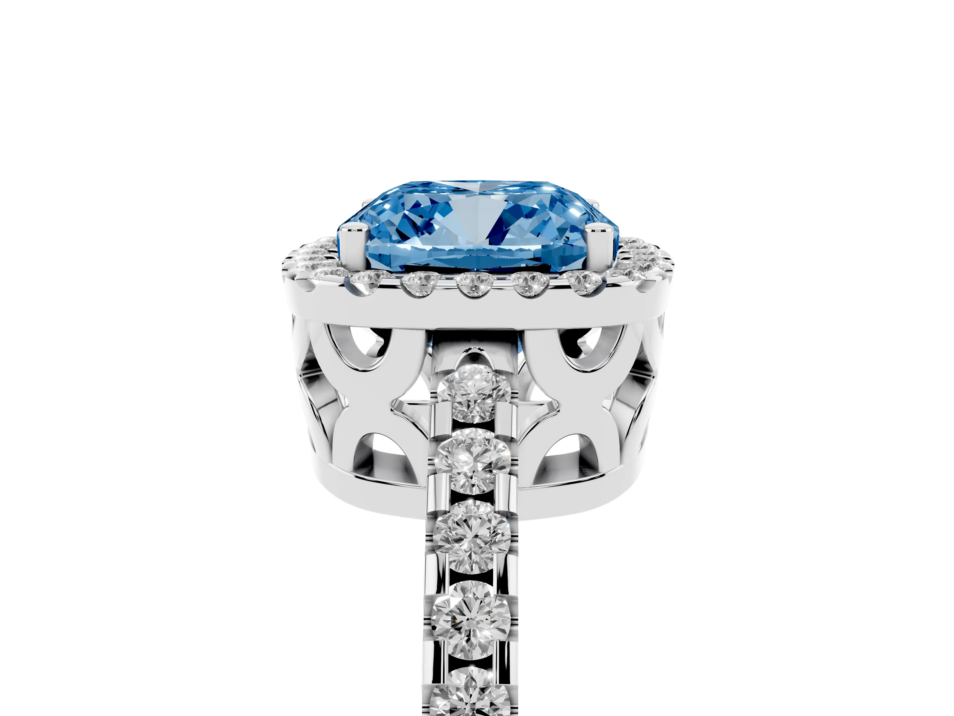 Fancy Blue Cushion Cut Diamond Halo Ring Set in Platinum with Pavé Shoulders and Halo-Framed Center