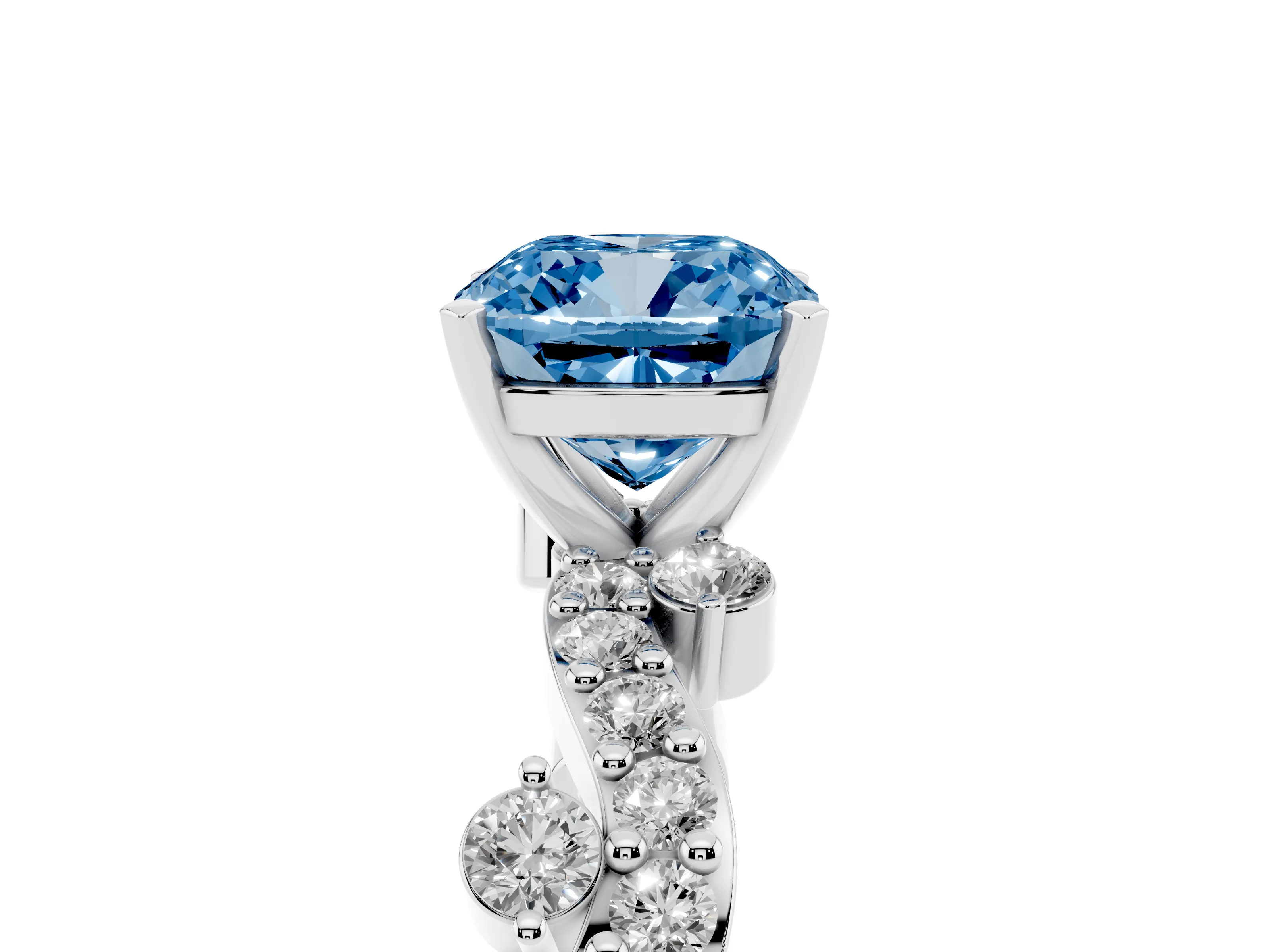 Fancy Blue Cushion Cut Diamond Solitaire Twisted Band Set in White gold with Pavé Setting