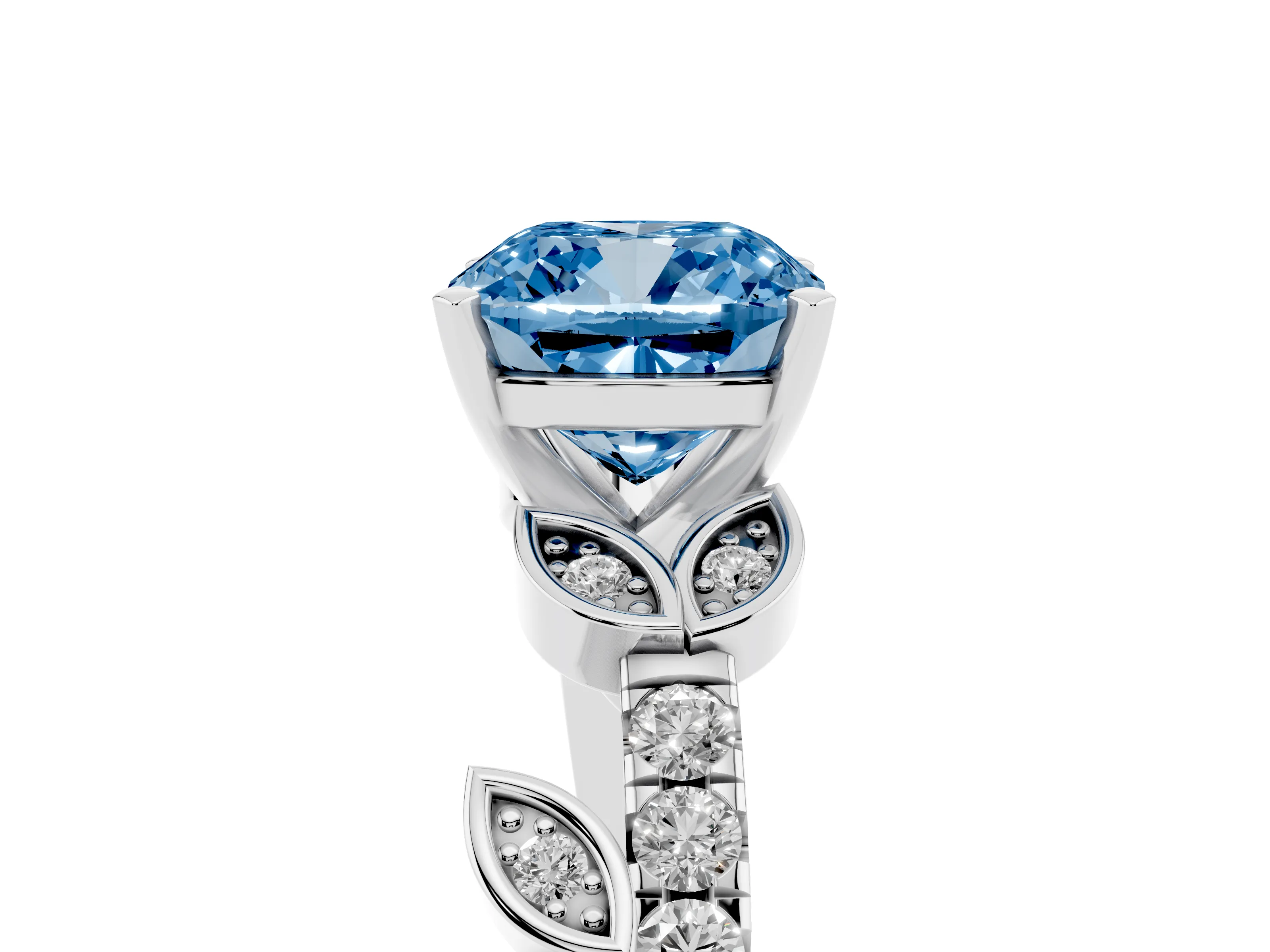 Fancy Blue Cushion Cut Diamond Solitaire Leaf-Inspired Ring Set in Platinum with Pavé Band and Prong Setting