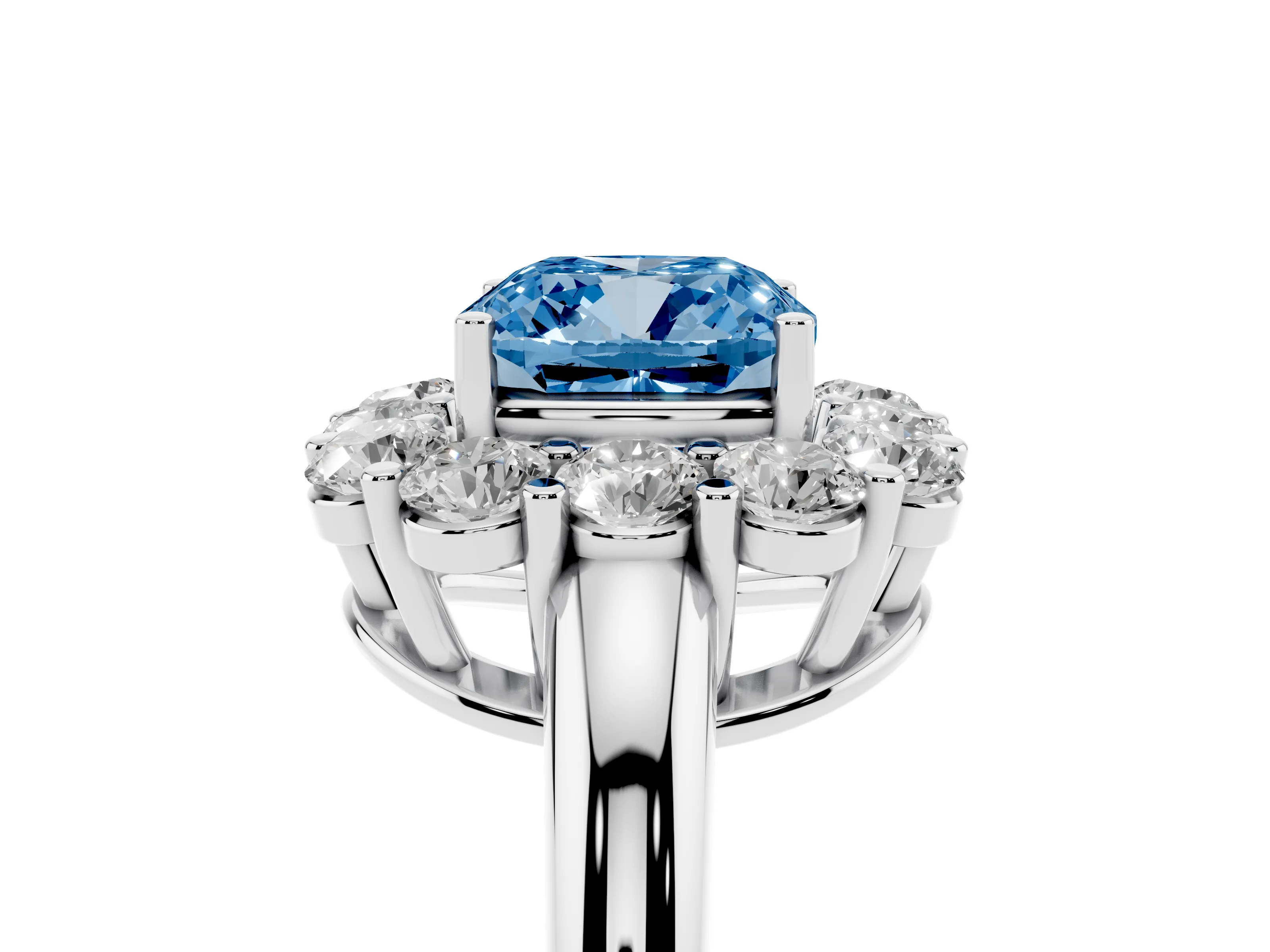 Fancy Blue Cushion Cut Diamond Halo Cluster Engagement Ring Set in Silver with Polished Band and Prong Setting