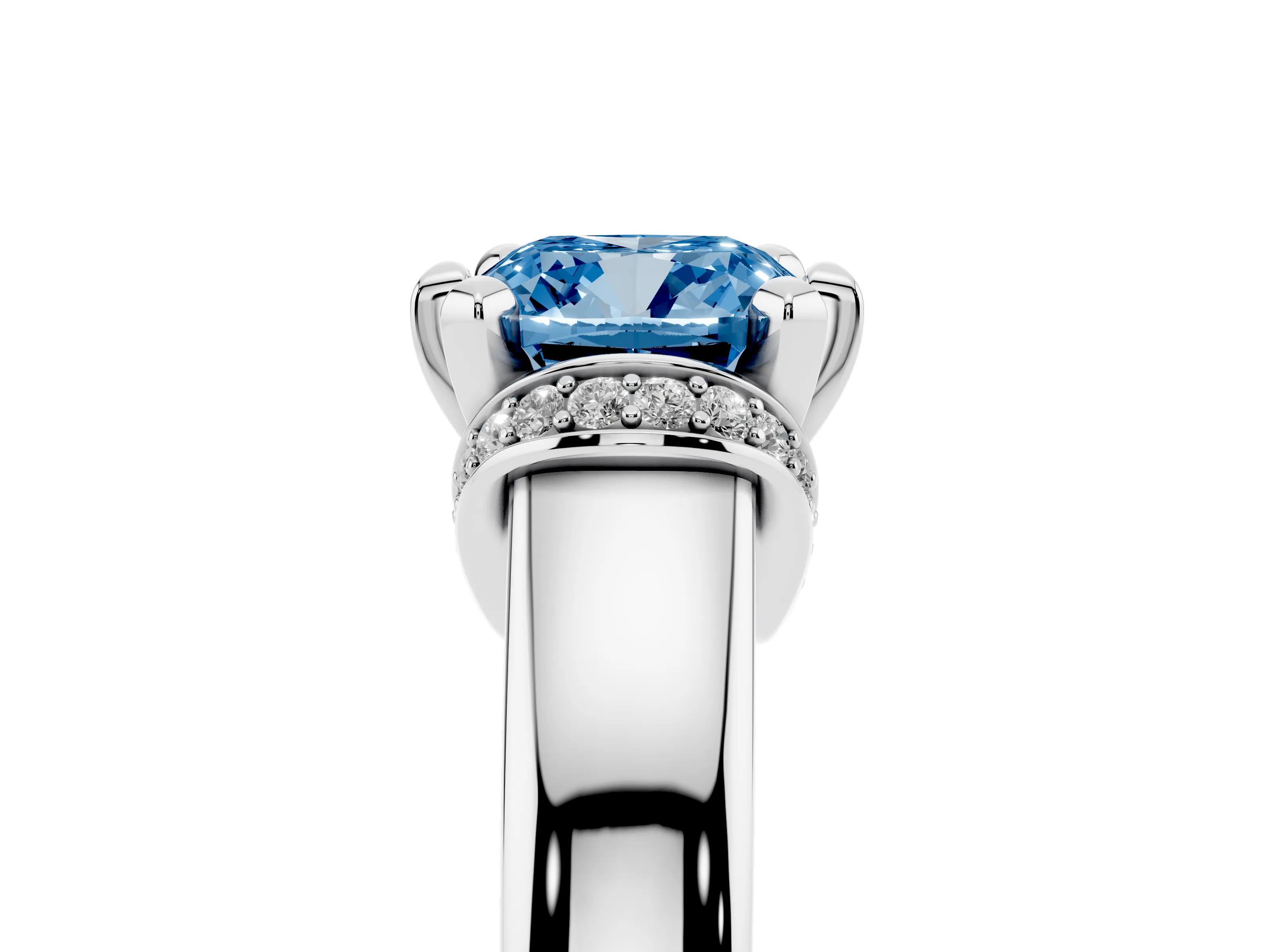 Fancy Blue Cushion Cut Diamond Pavé Band Solitaire Ring Set in Platinum with Prong Setting