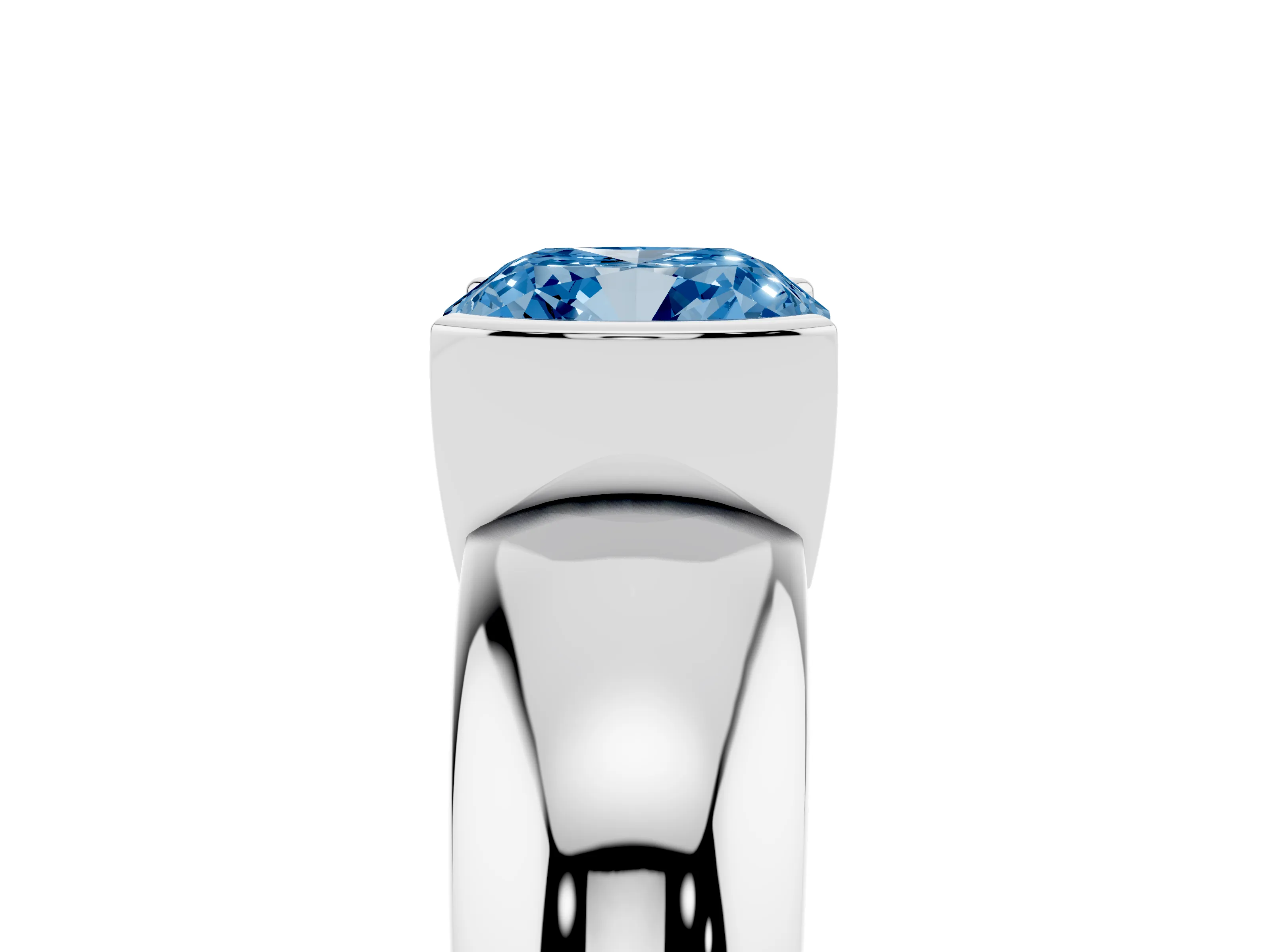 Fancy Blue Cushion Cut Diamond Solitaire Tension Set Ring Set in White gold with Wide Band