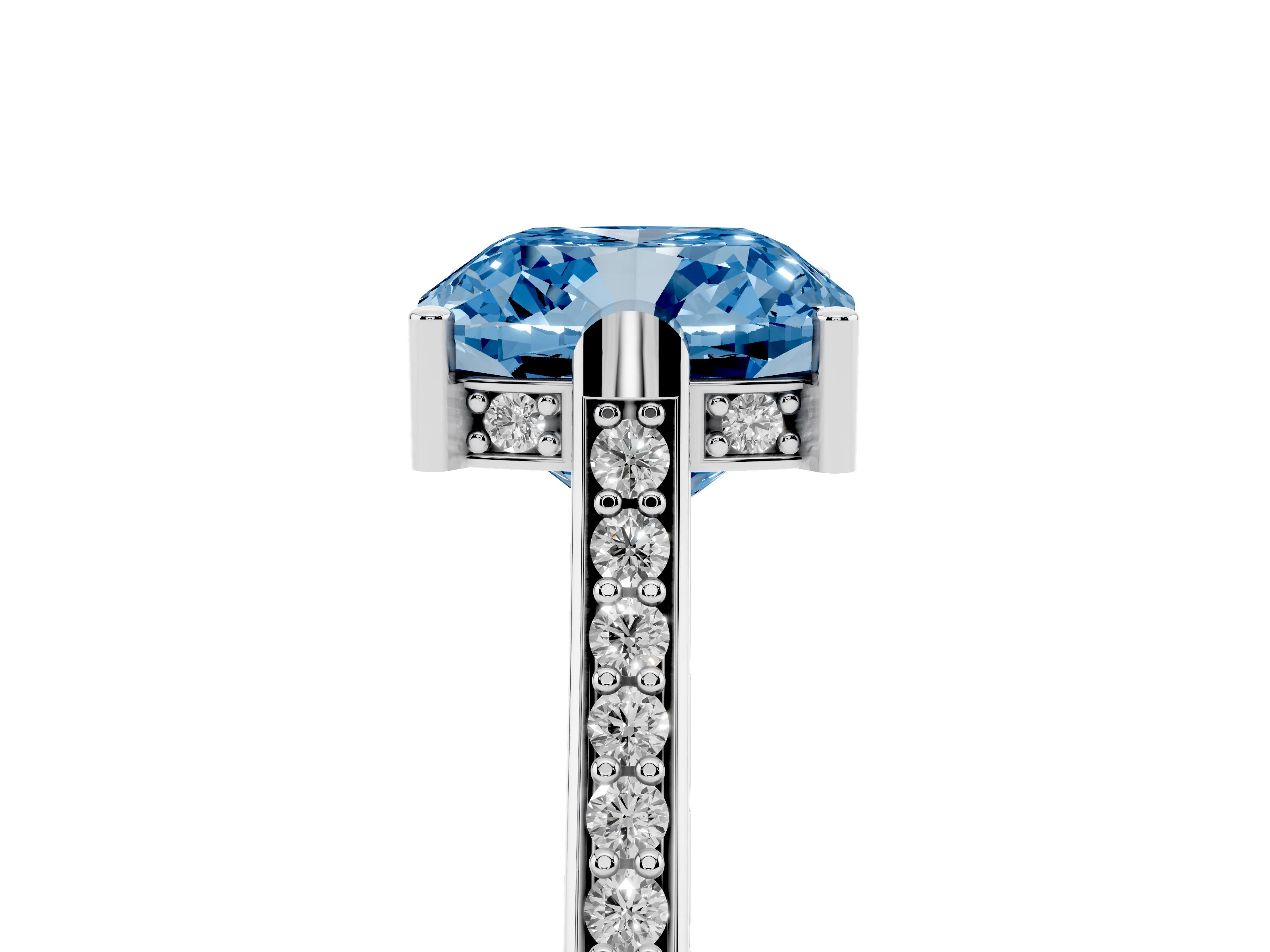 Fancy Blue Cushion Cut Diamond Solitaire Ring Set in White gold with Channel Set Band and Bezel Prong Setting