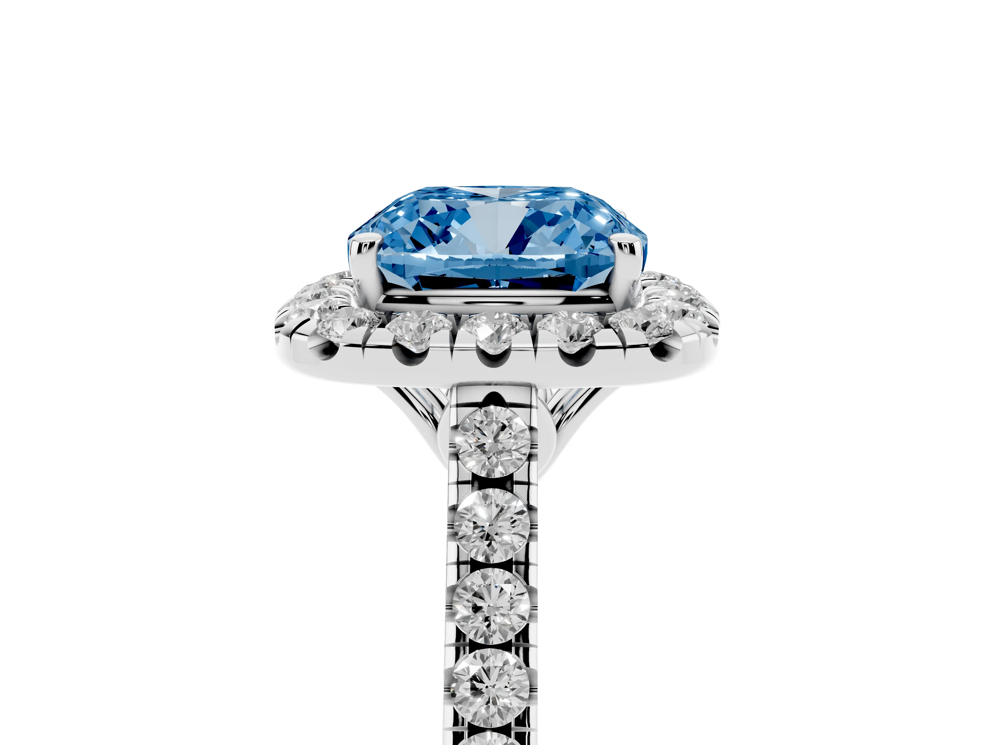 Fancy Blue Cushion Cut Diamond Pavé Halo Engagement Ring Set in Platinum with Pavé Band and Prong Setting