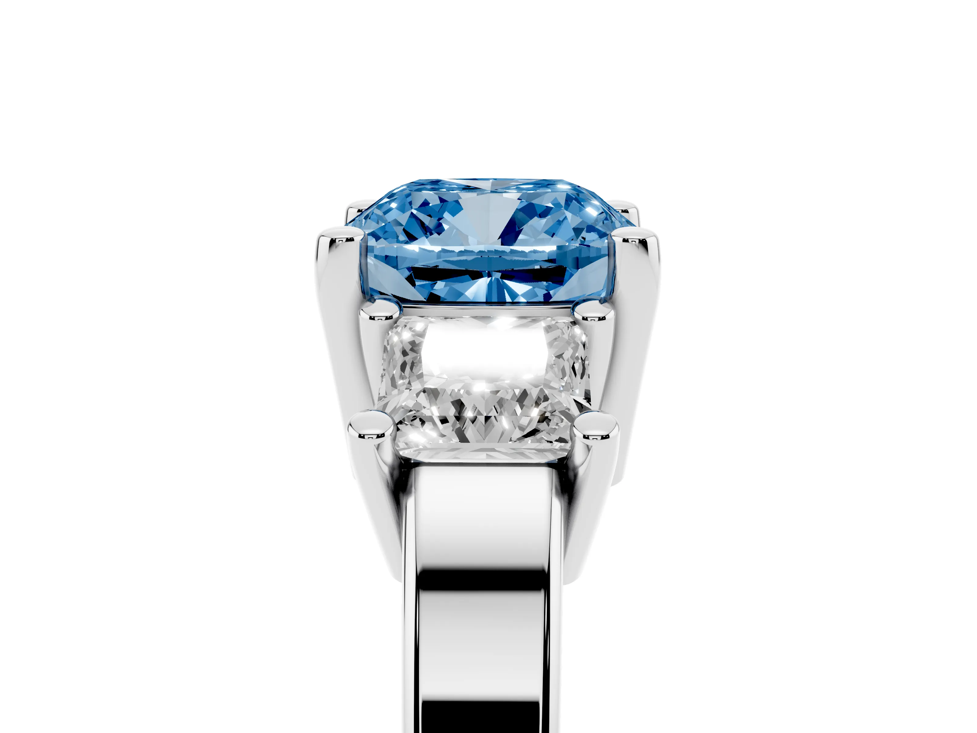 Fancy Blue Three-Stone Cushion Cut Diamond Solitaire Ring Set in Silver with Prong Setting