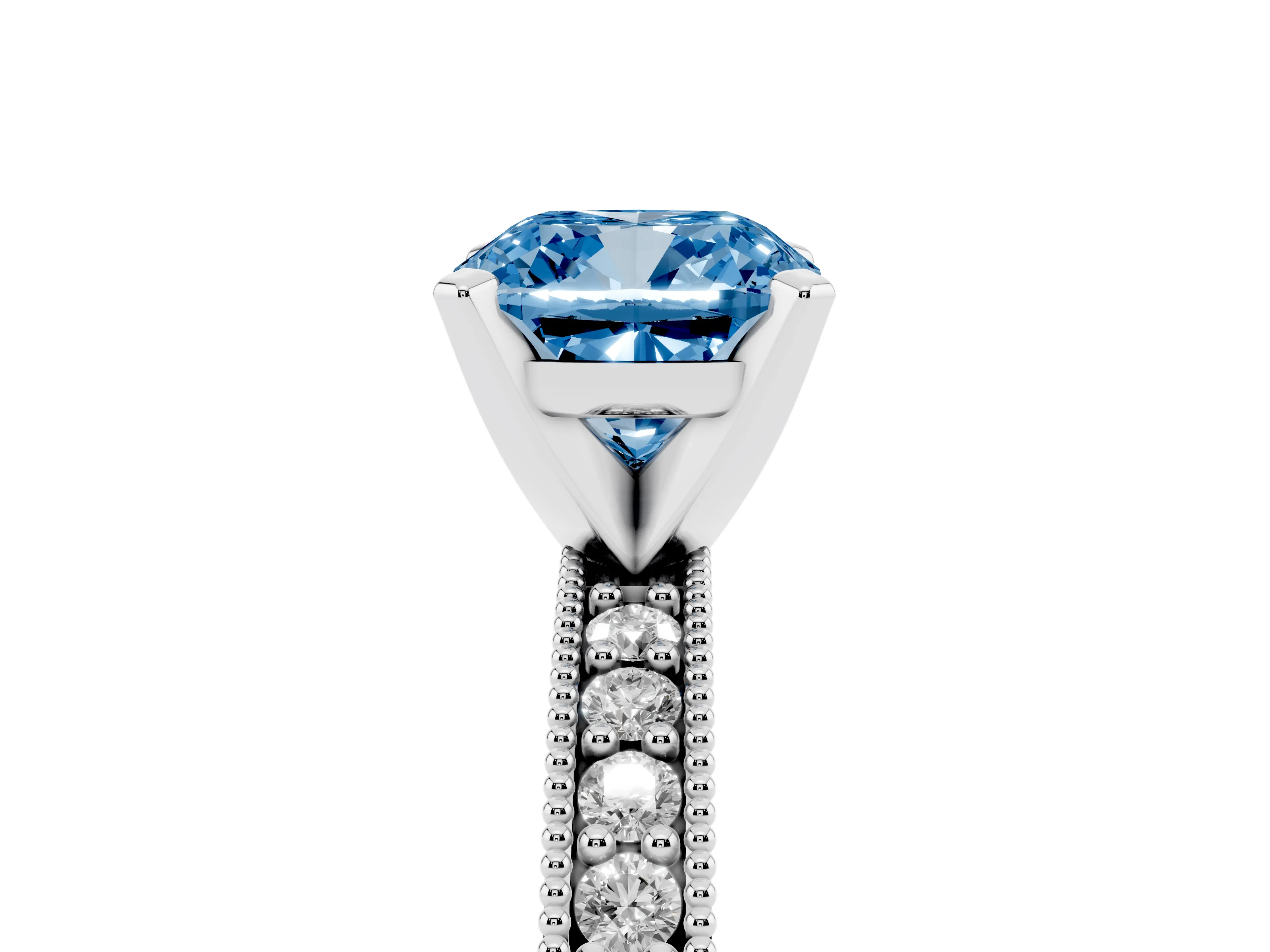 Fancy Blue Cushion Cut Diamond Milgrain Pavé Engagement Ring Set in White gold with Prong Setting