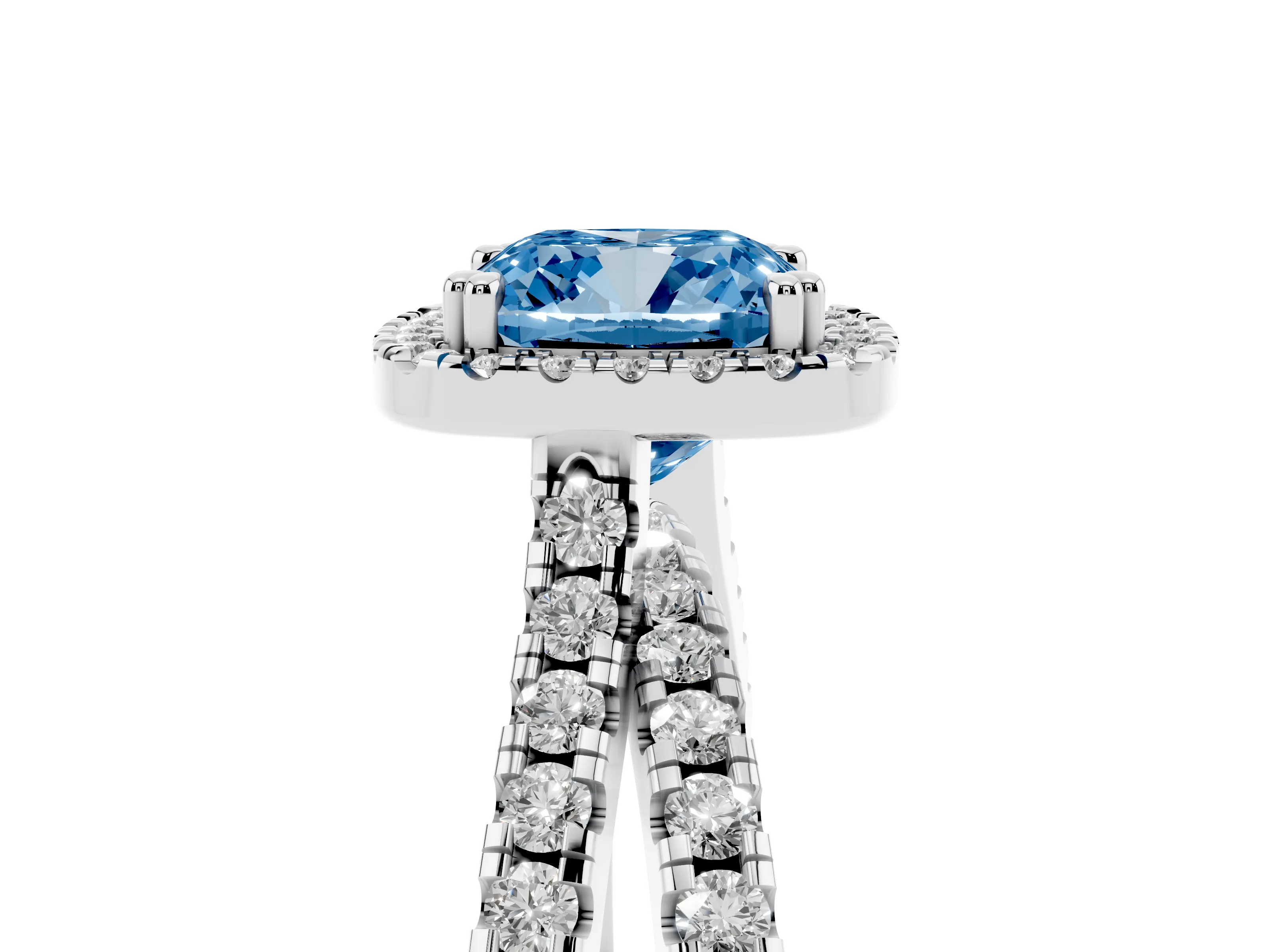 Fancy Blue Cushion Cut Diamond Halo Split Shank Ring Set in Platinum with Pavé Setting