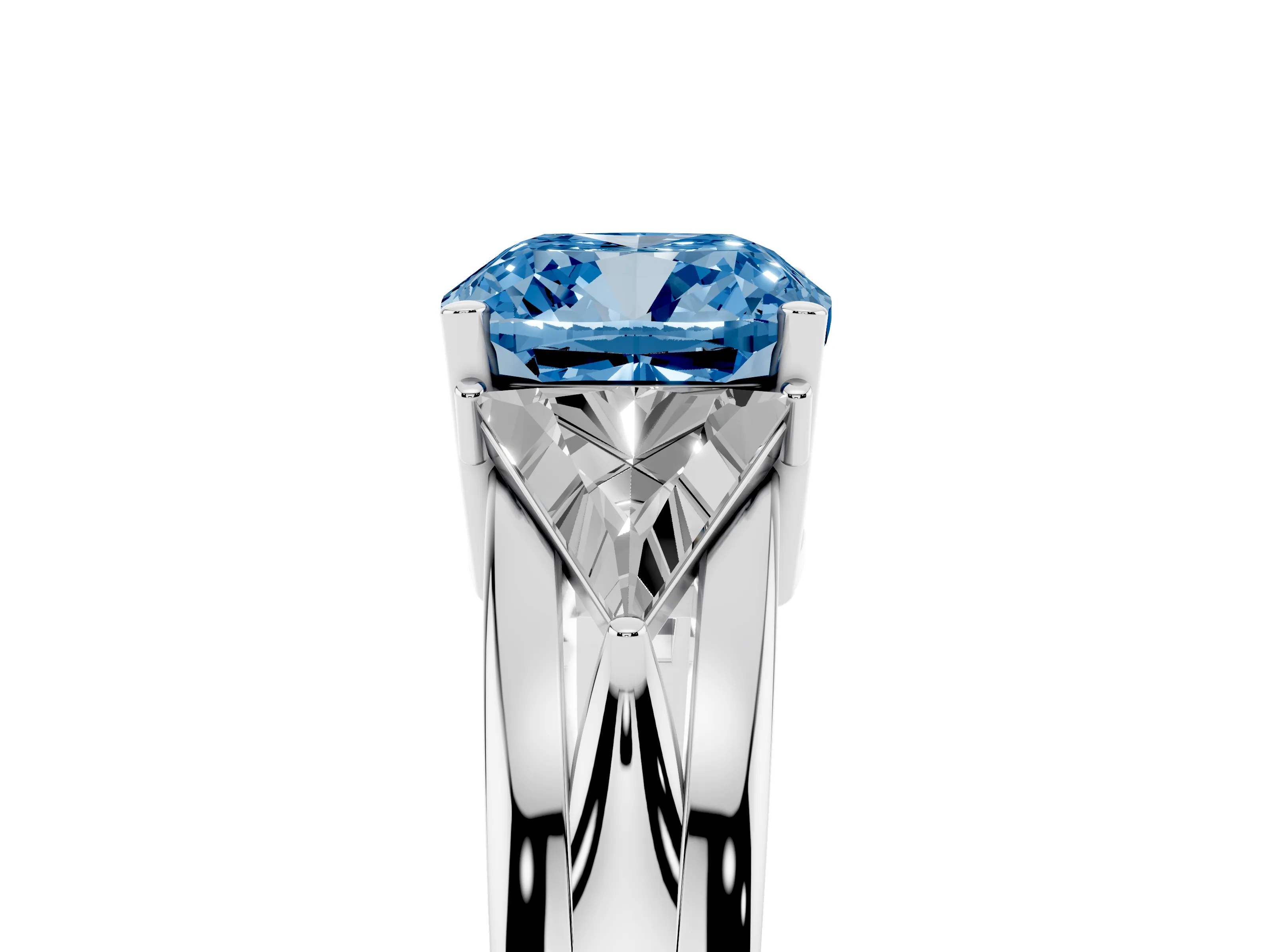 Fancy Blue Cushion Cut Diamond Three-Stone Ring Set in Platinum with Trillion Side Stones and Split Shank