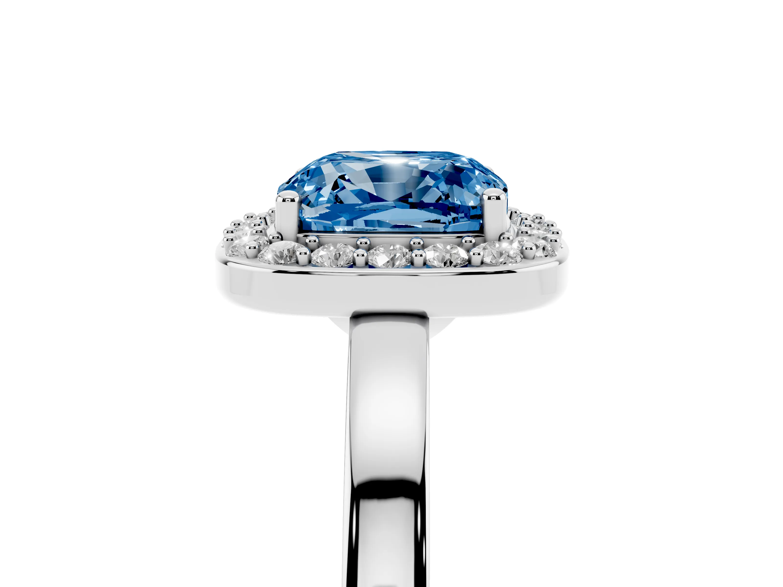 Fancy Blue Cushion Cut Diamond Halo Ring Set in Platinum with Solitaire Band and Prong Setting