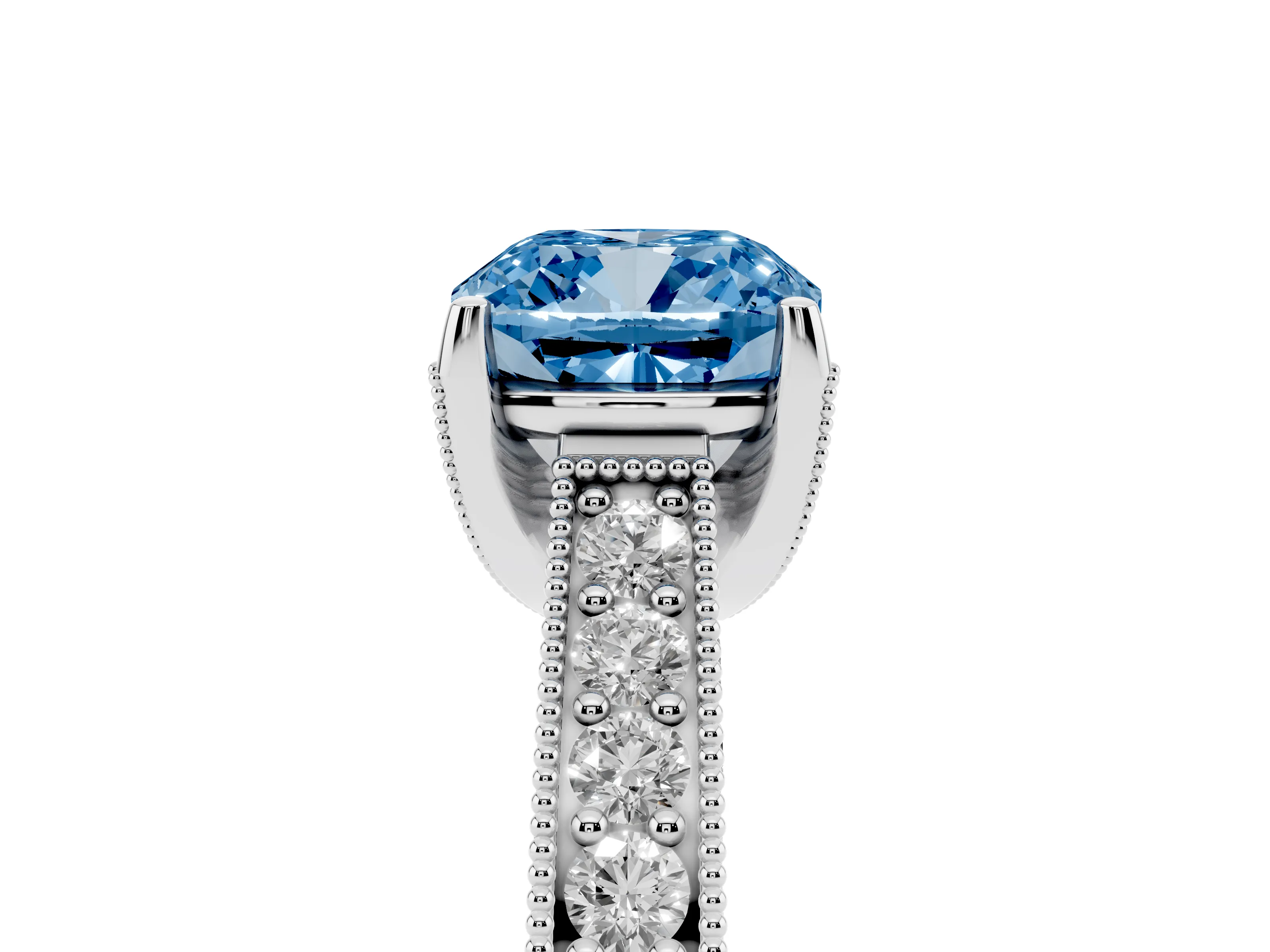Fancy Blue Cushion Cut Diamond Solitaire Ring Set in Silver with Milgrain-Edged Pavé Band and Prong Setting