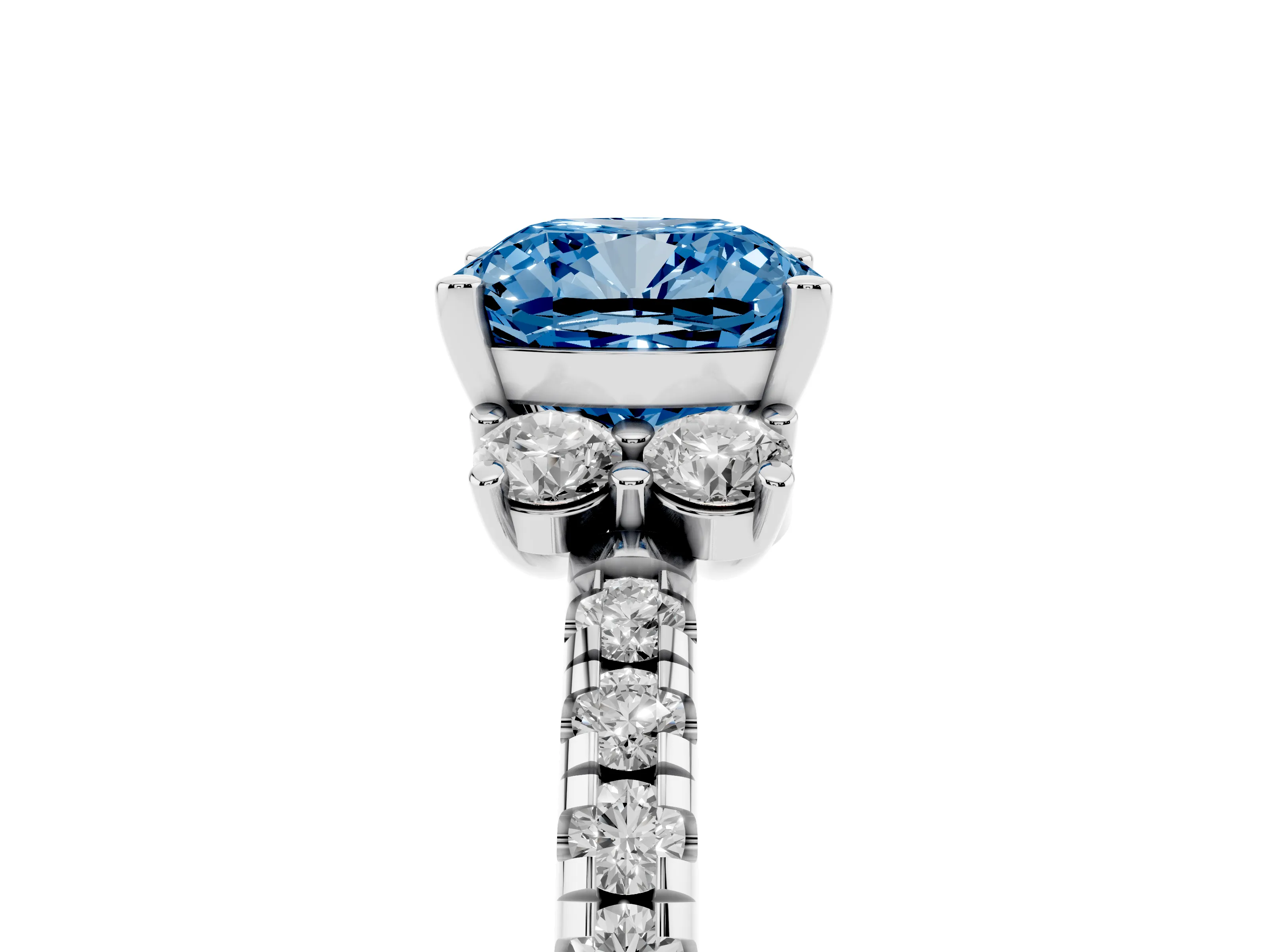 Fancy Blue Cushion Cut Diamond Three-Stone Pavé Ring Set in White gold with Prong Setting
