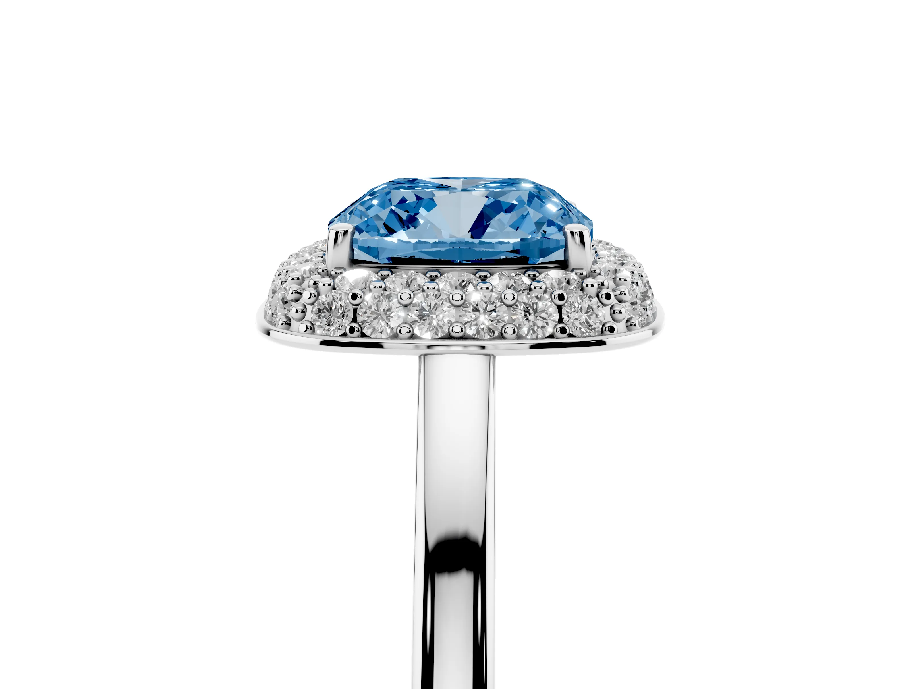 Fancy Blue Cushion Cut Diamond Halo Engagement Ring Set in Silver with Solitaire Band and Prong Setting