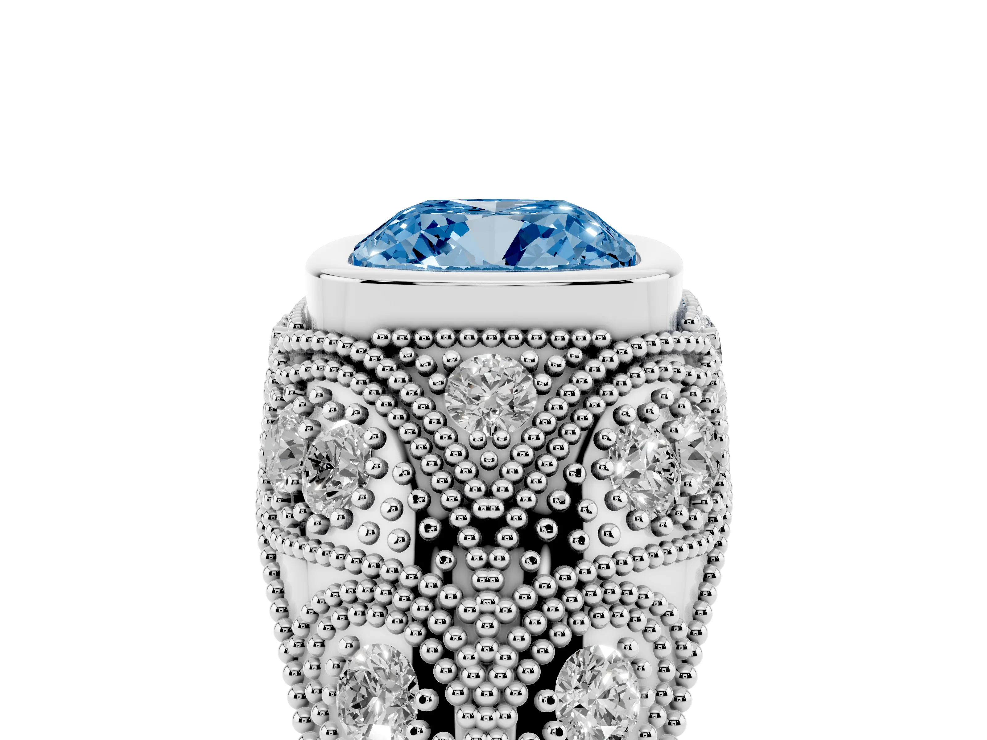 Fancy Blue Cushion Cut Diamond Bezel Ring Set in Silver with Milgrain Accent Band