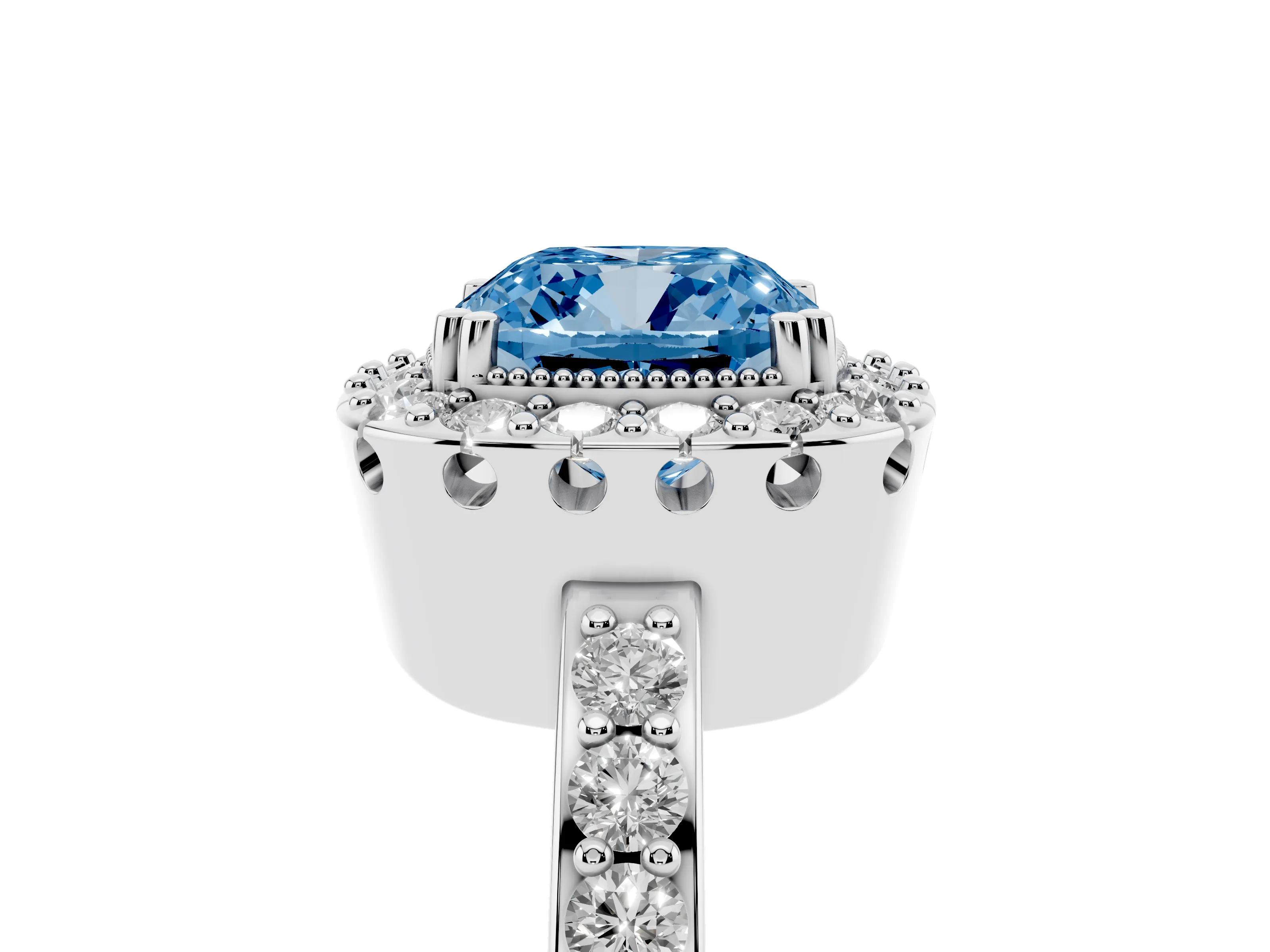 Fancy Blue Cushion Cut Diamond Halo Ring Set in White gold with Pavé Shank and Prong Setting