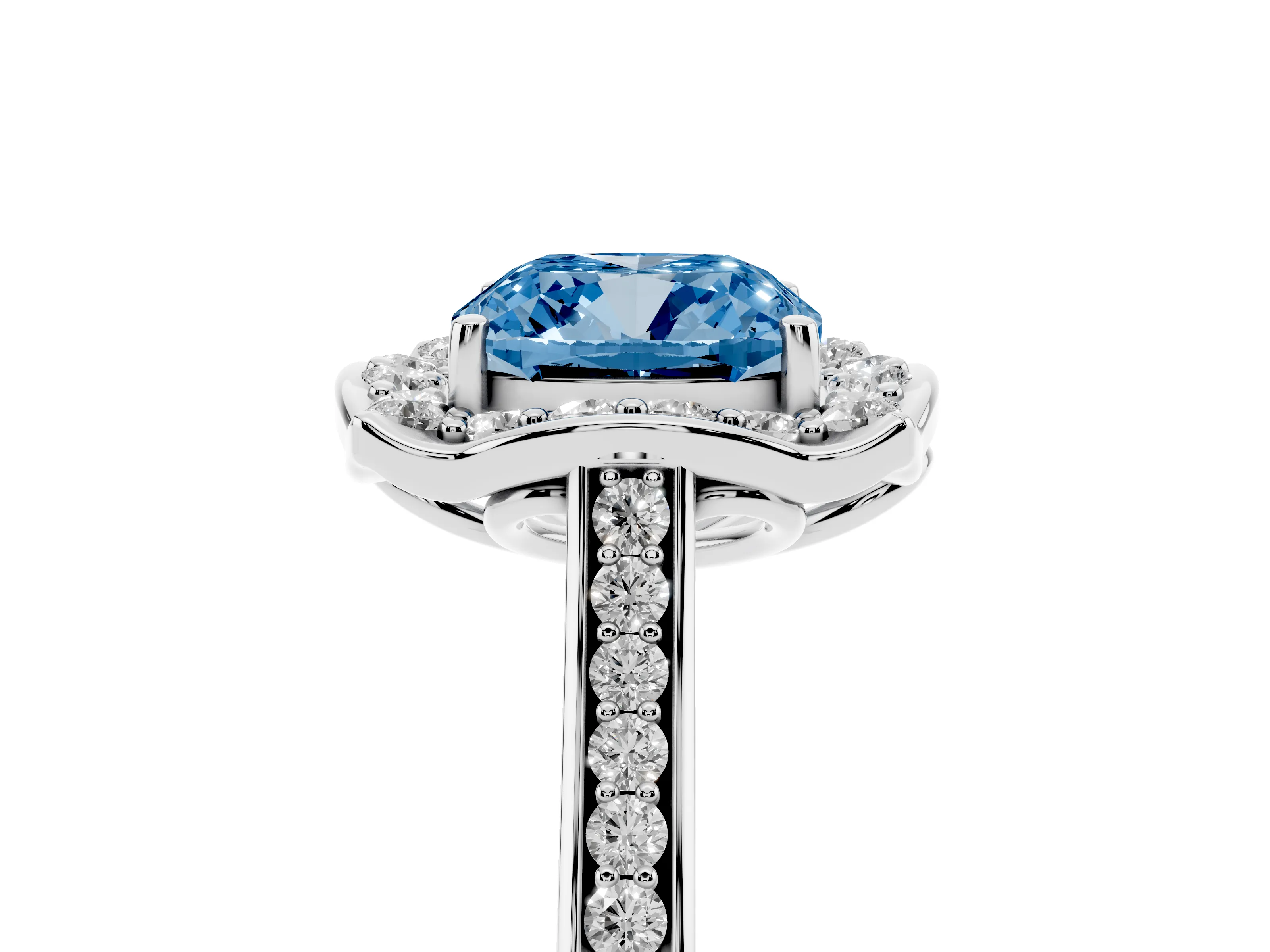 Fancy Blue Cushion Cut Diamond Halo Ring Set in Platinum with Pavé-Lined Shoulders and Prong Setting