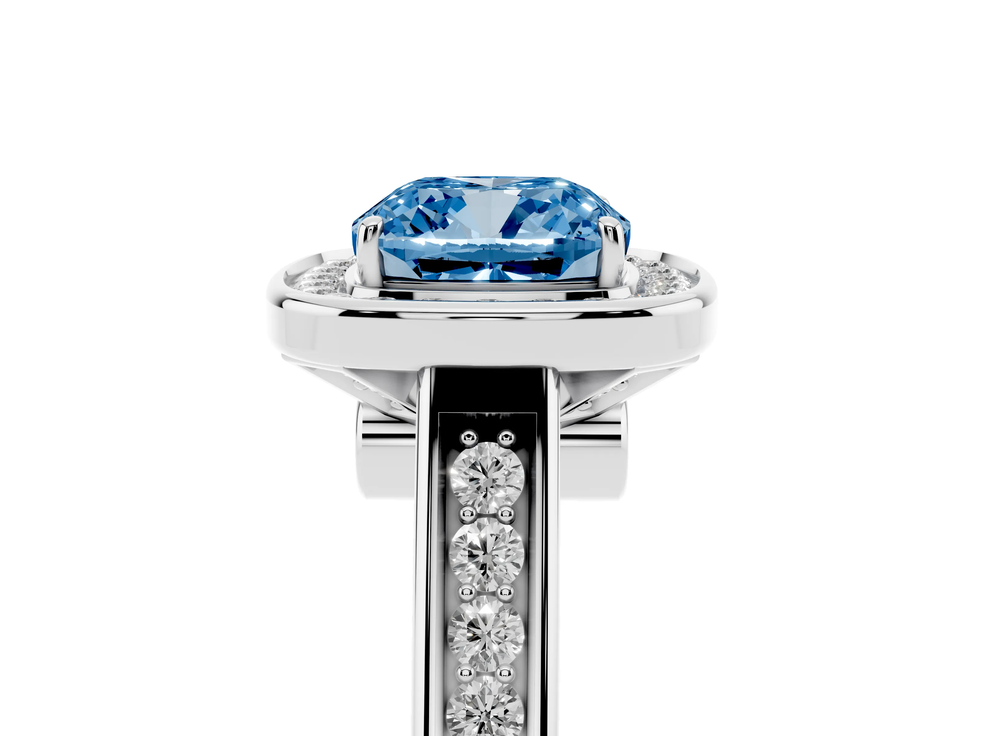 Fancy Blue Cushion Cut Diamond Halo Solitaire Ring Set in Silver with Pavé Band and Bezel Setting