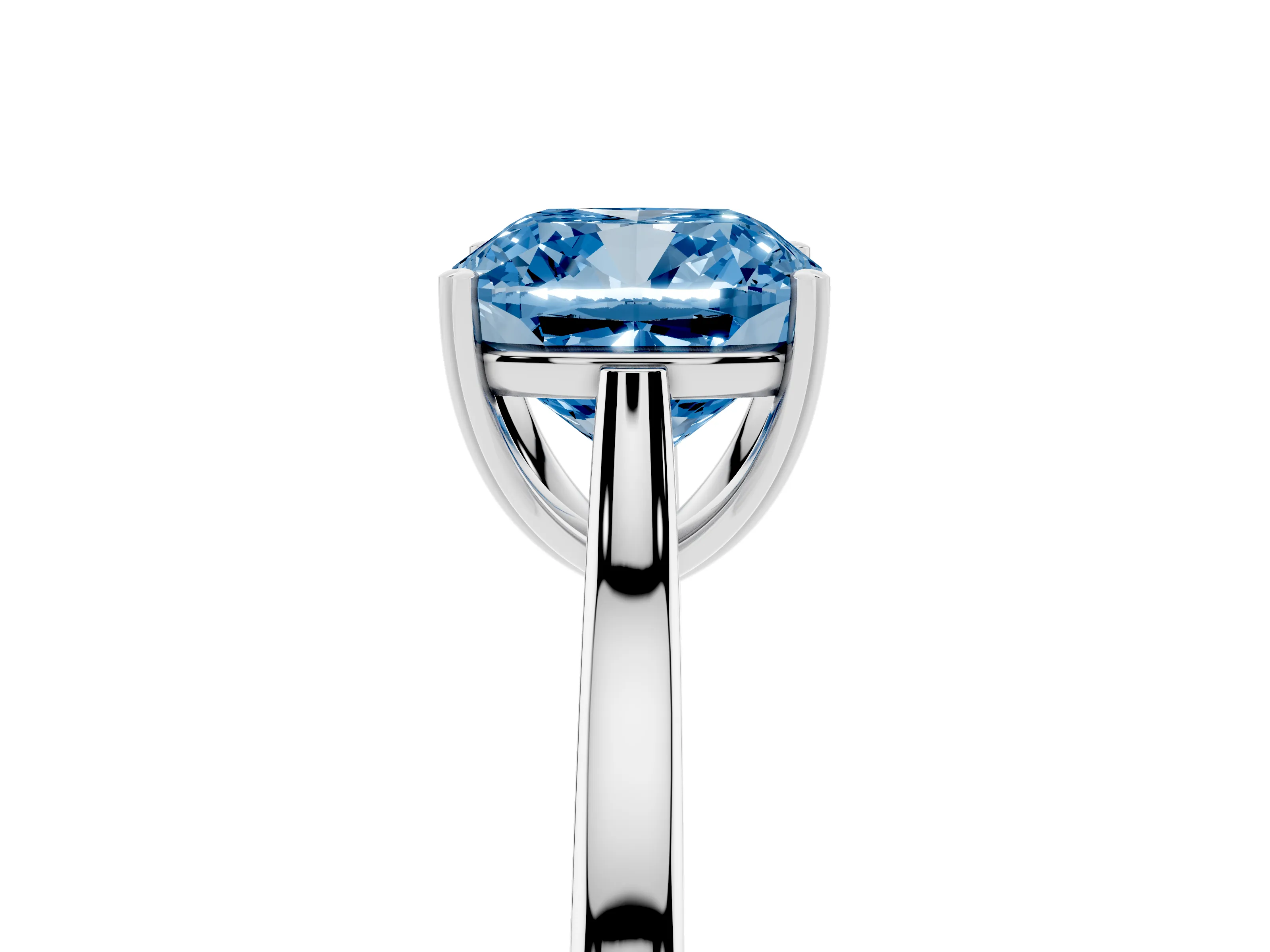 Fancy Blue Cushion Cut Diamond Solitaire Heart Prong Engagement Ring Set in White gold with Tapered Band