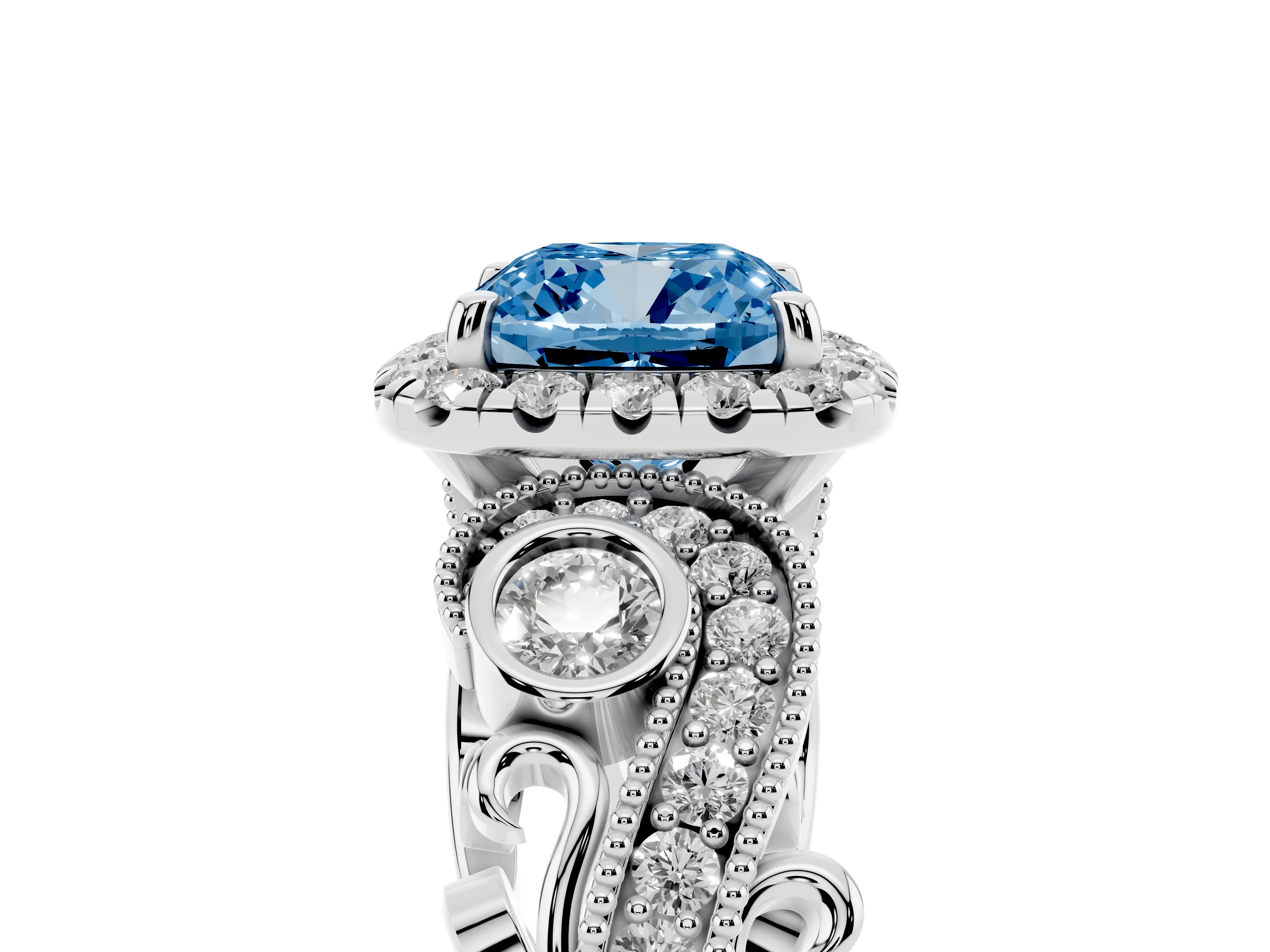 Fancy Blue Cushion Cut Diamond Halo Ring Set in Silver with Milgrain Pavé Band and Prong Setting