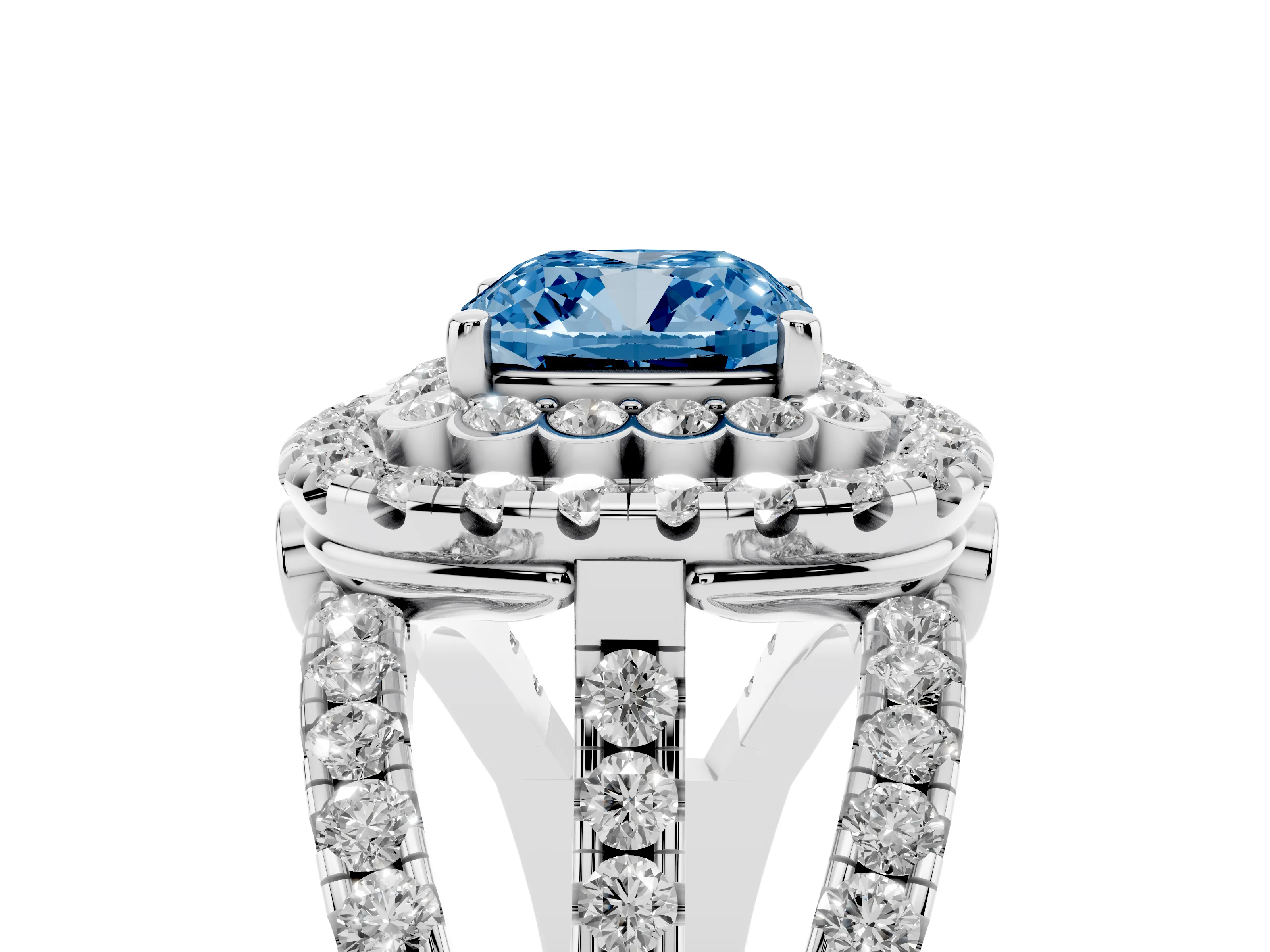 Fancy Blue Cushion Cut Diamond Double Halo Ring Set in Silver with Round Pavé Split Shank