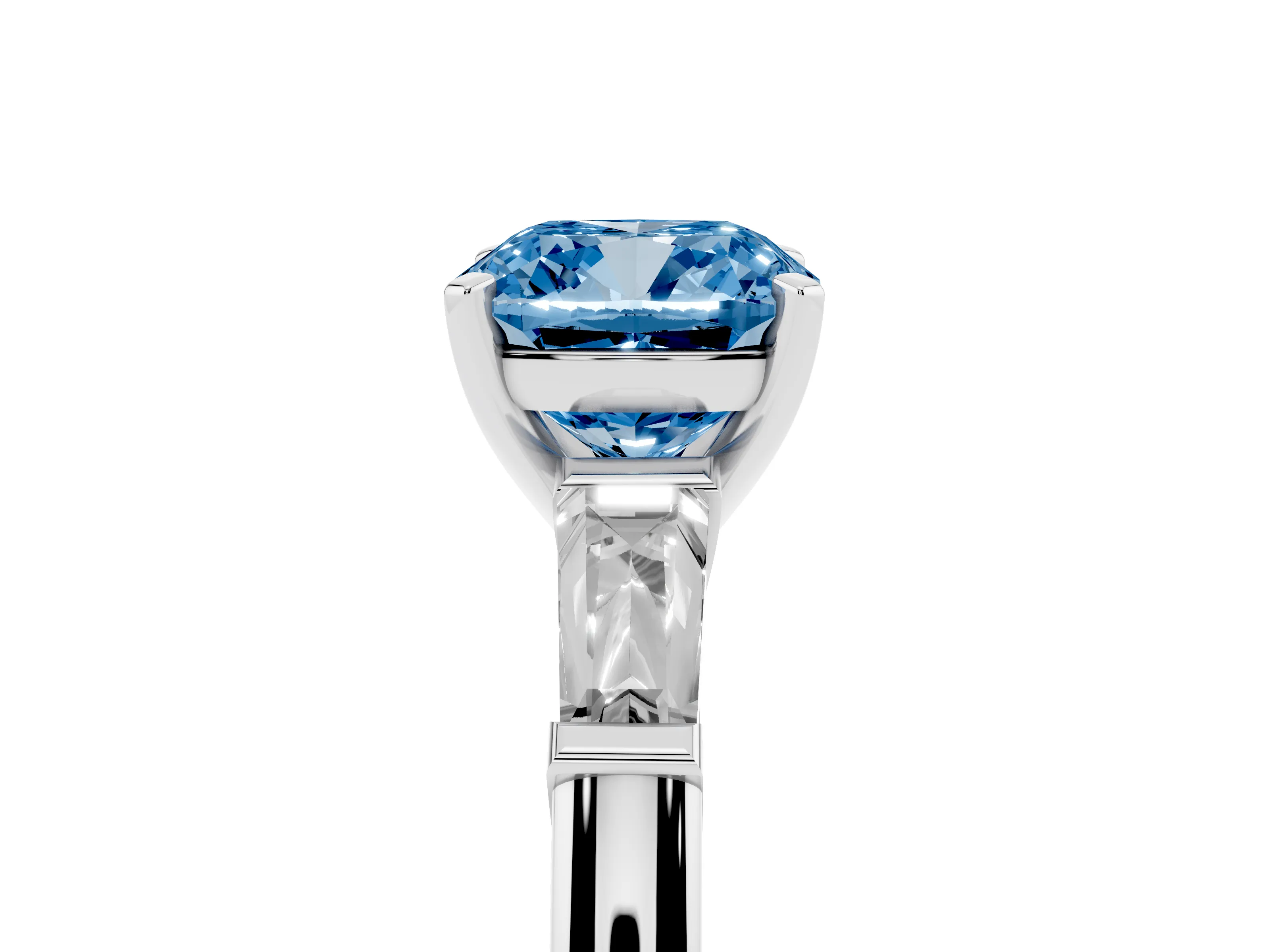 Fancy Blue Cushion Cut Diamond Solitaire Ring Set in White gold with Tapered Baguette Side Stones and Prong Setting