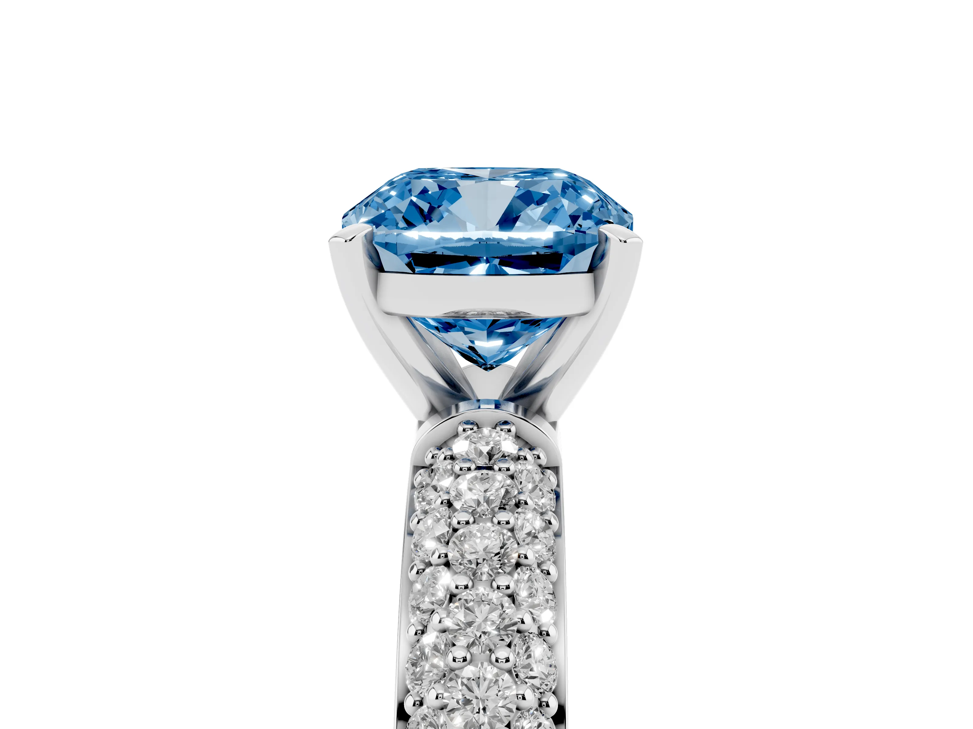 Fancy Blue Cushion Cut Diamond Solitaire Ring Set in White gold with Prong Setting and Pavé-Set Band
