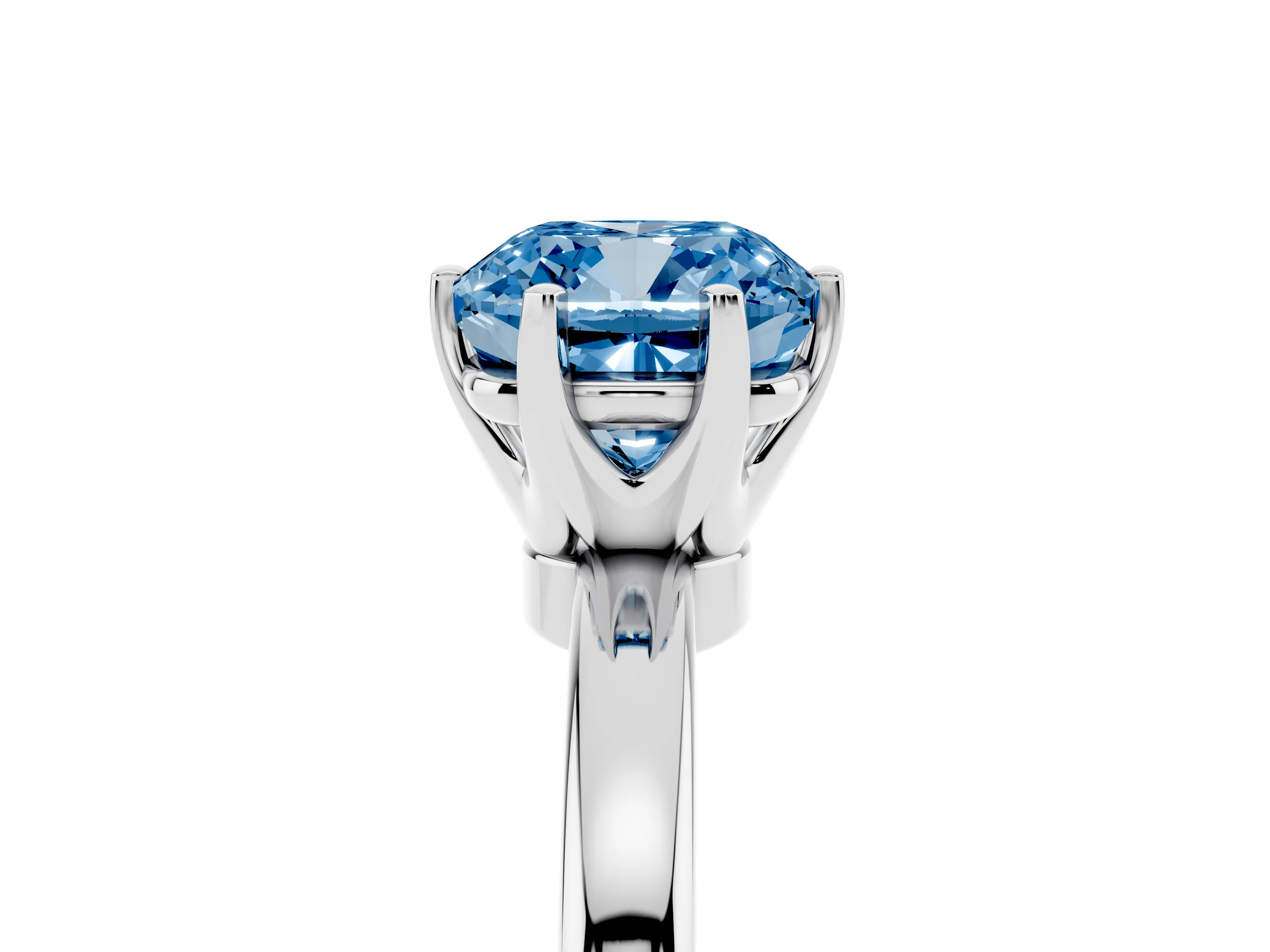 Fancy Blue Cushion Cut Diamond Solitaire Ring Set in Silver with Raised Prong Setting on a Classic Band
