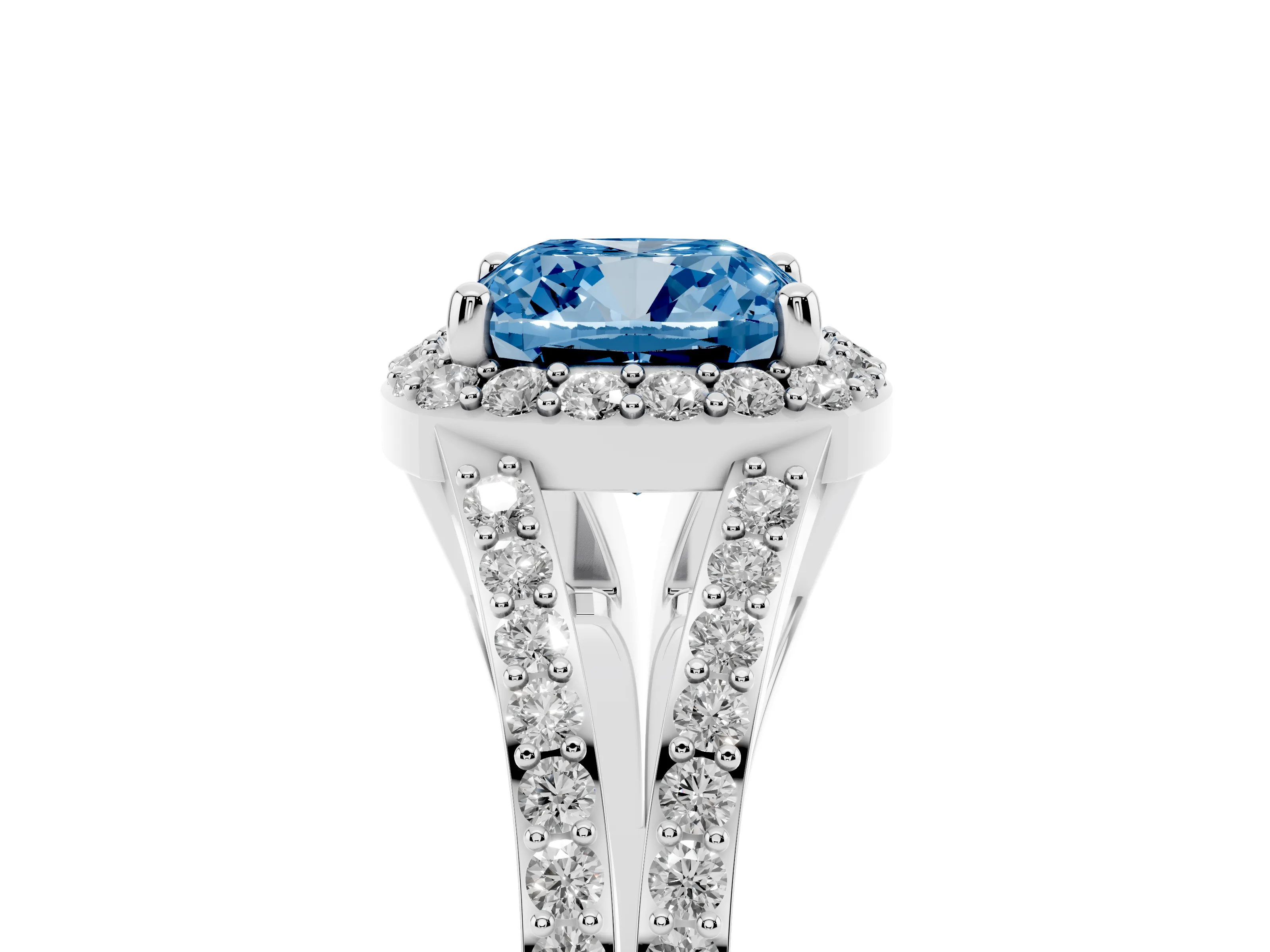 Fancy Blue Cushion Cut Diamond Halo Split Shank Ring Set in Silver with Accent Stones and Prong Setting