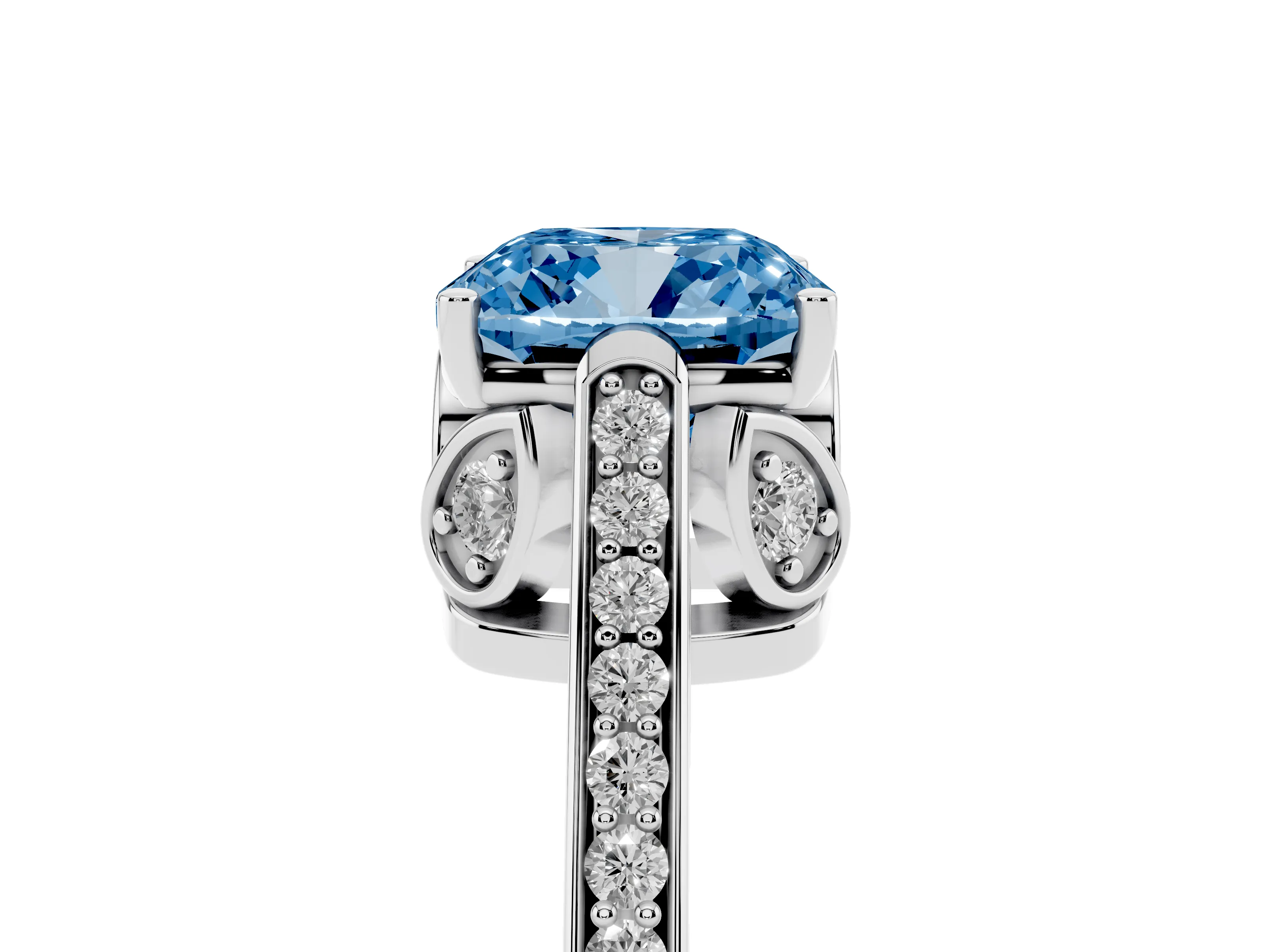 Fancy Blue Cushion Cut Diamond Cathedral Pavé Engagement Ring Set in Silver with Prong Setting