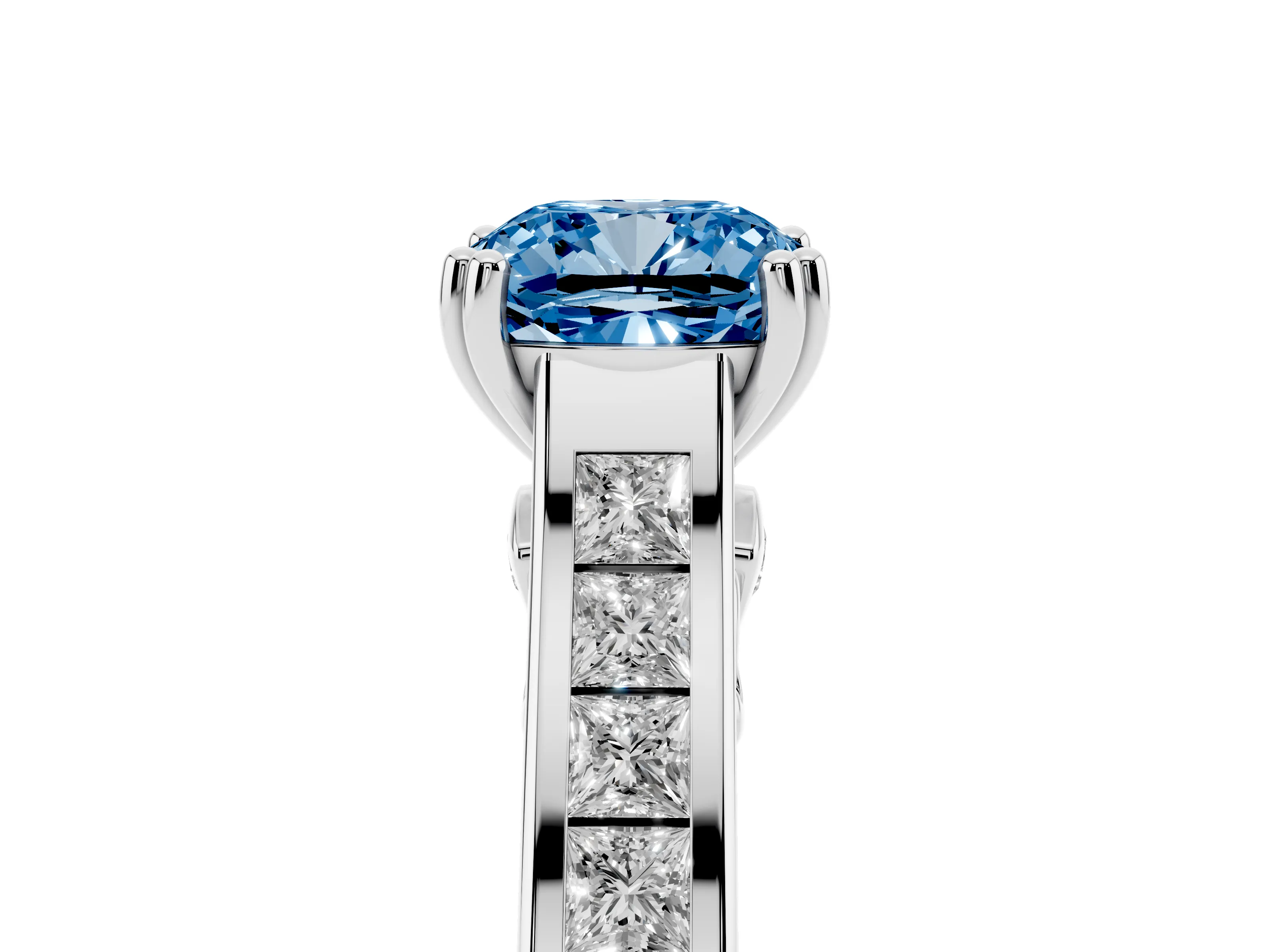 Fancy Blue Cushion Cut Diamond Channel Set Solitaire Engagement Ring Set in Platinum with Prong Setting