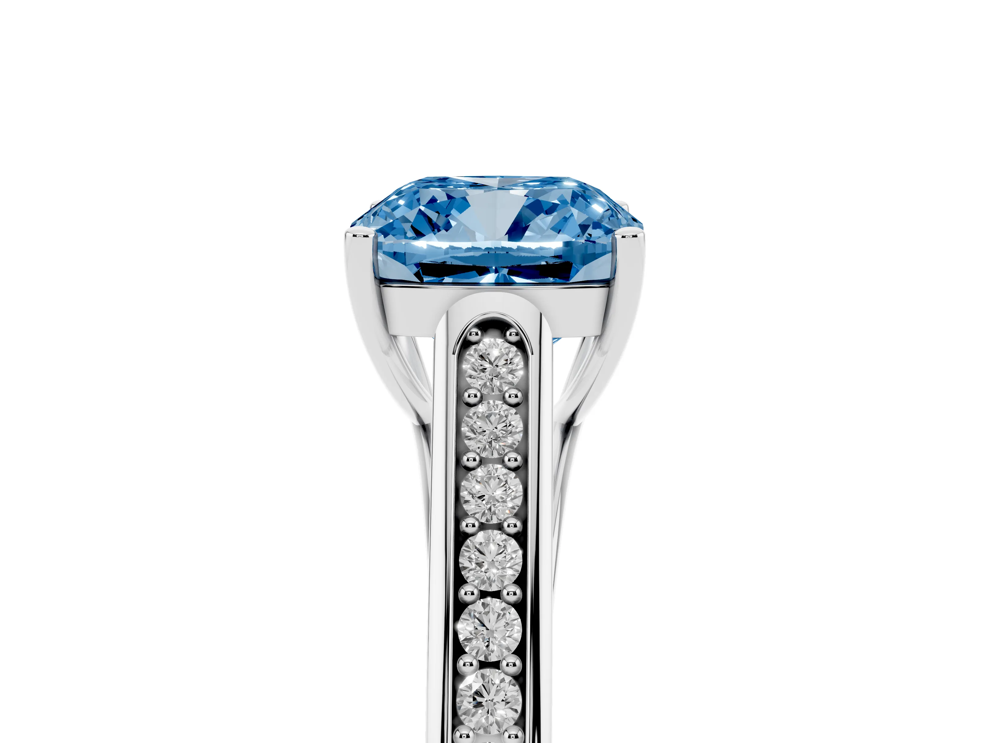 Fancy Blue Cushion Cut Diamond Solitaire Cathedral Engagement Ring Set in White gold with Channel-Set Band and Prong Setting