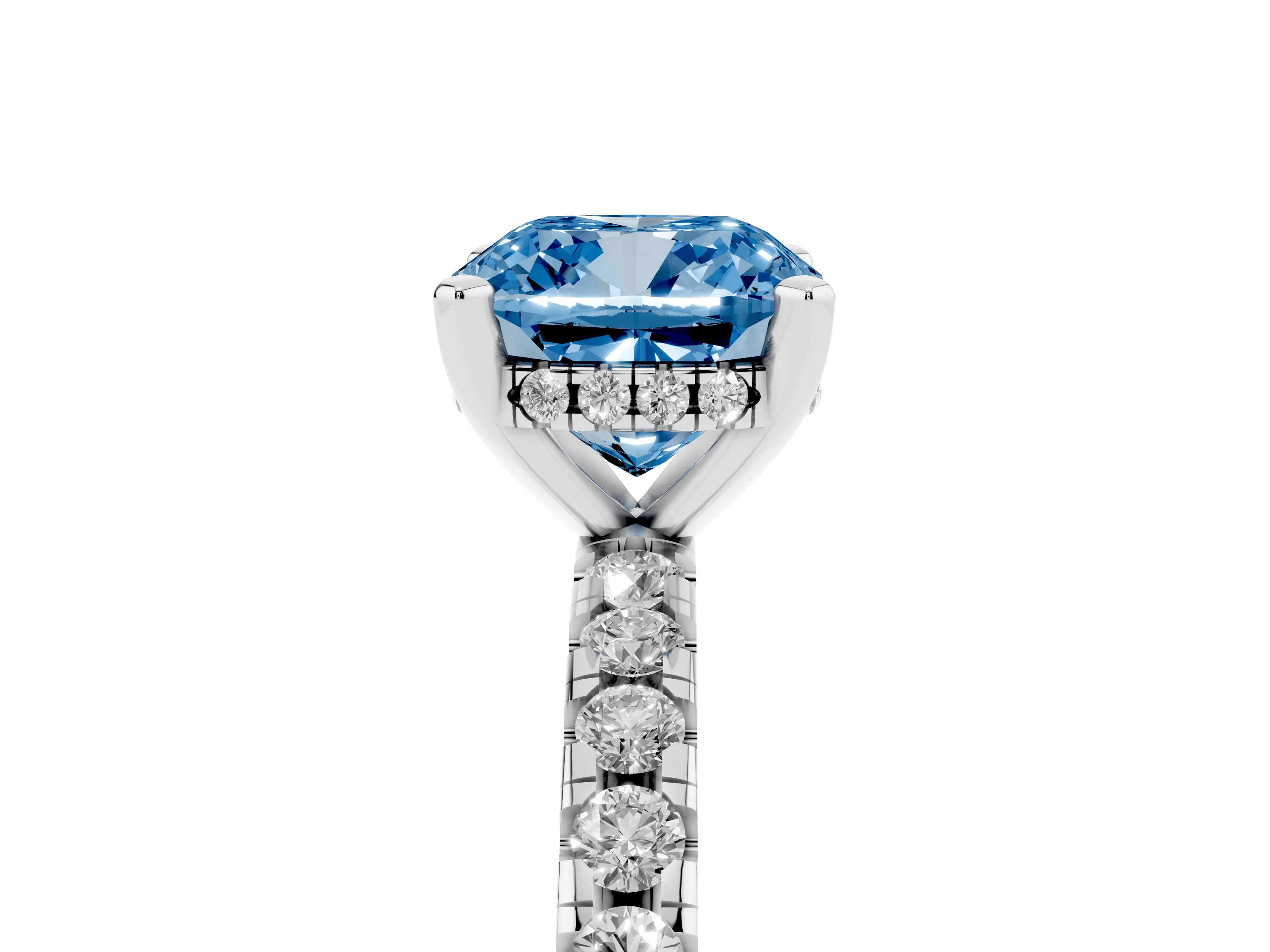 Fancy Blue Cushion Cut Diamond Pavé Solitaire Ring Set in White gold with Round Band Accents and Prong Setting