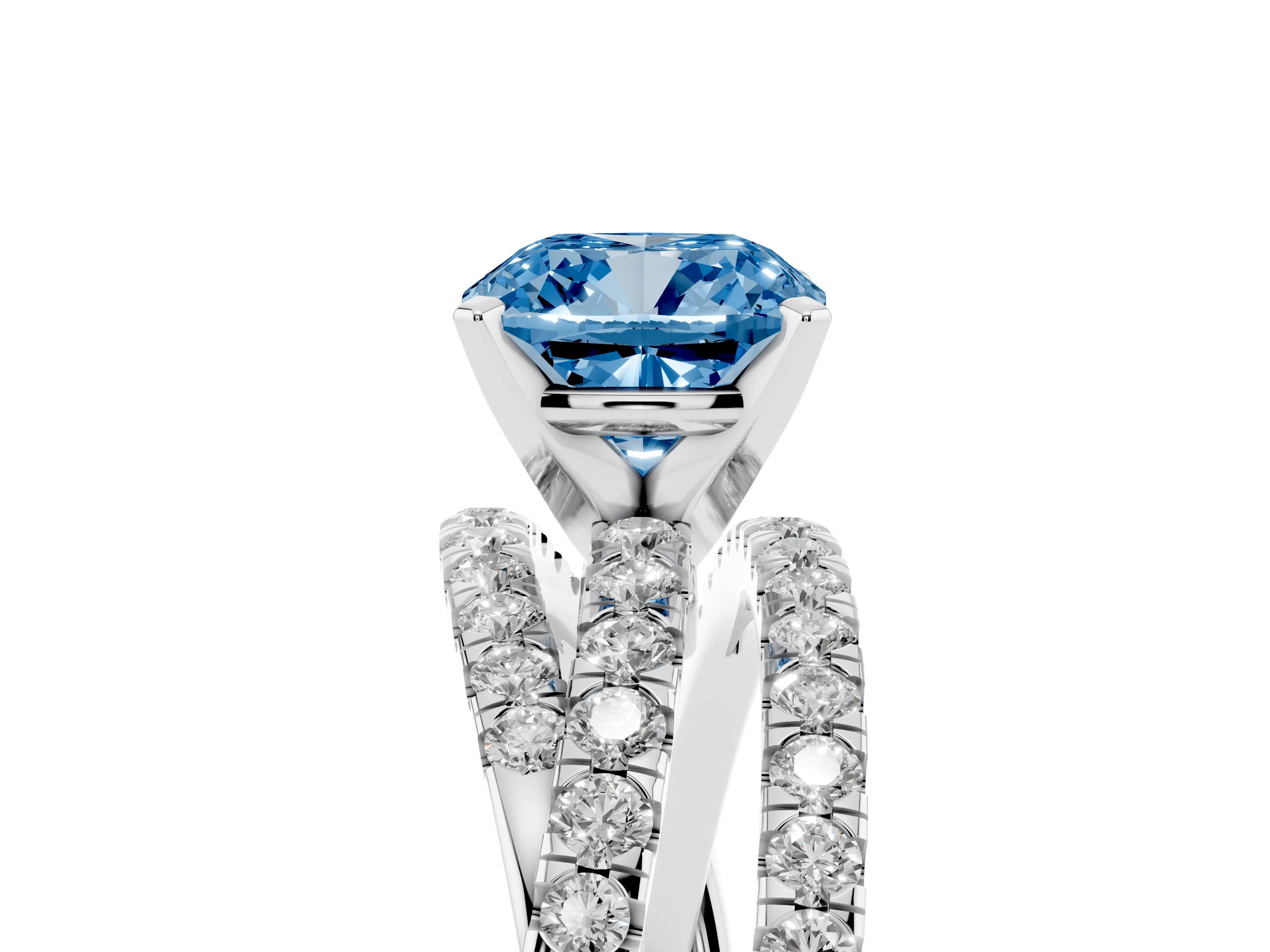 Fancy Blue Cushion Cut Diamond Solitaire Twist Band Ring Set in Silver with Pavé Setting and Prong Head