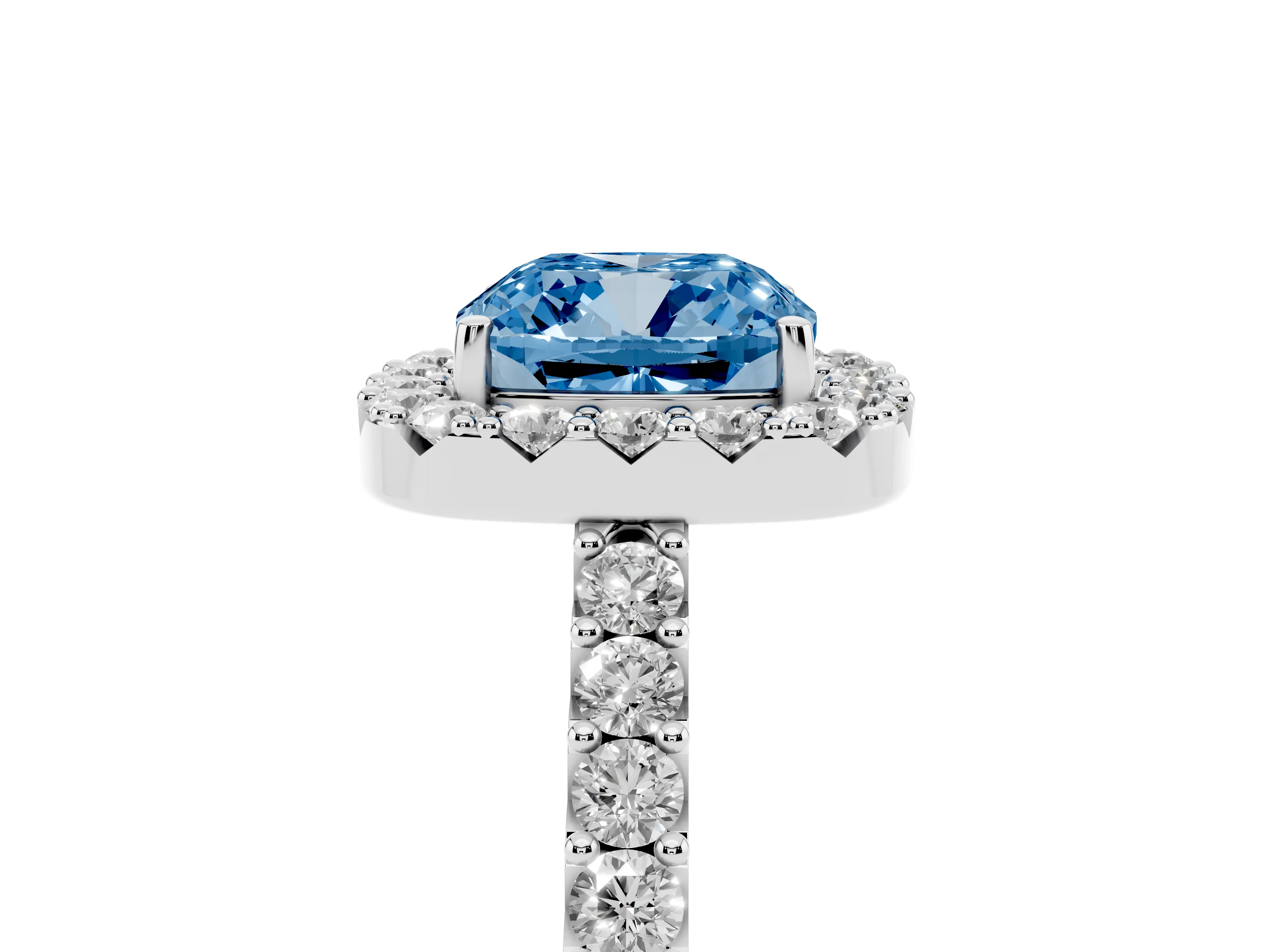 Fancy Blue Cushion Cut Diamond Halo Pavé Solitaire Ring Set in Platinum with Prong-Set Center Stone