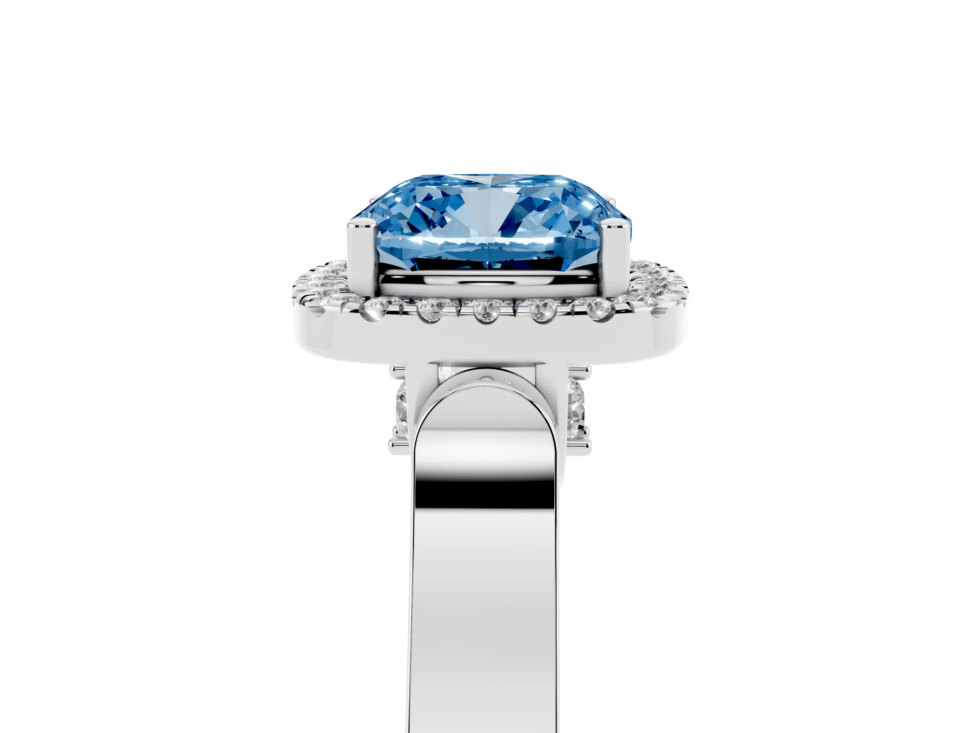Fancy Blue Cushion Cut Diamond Halo Ring Set in Platinum with Pavé-Lined Split Shank Band