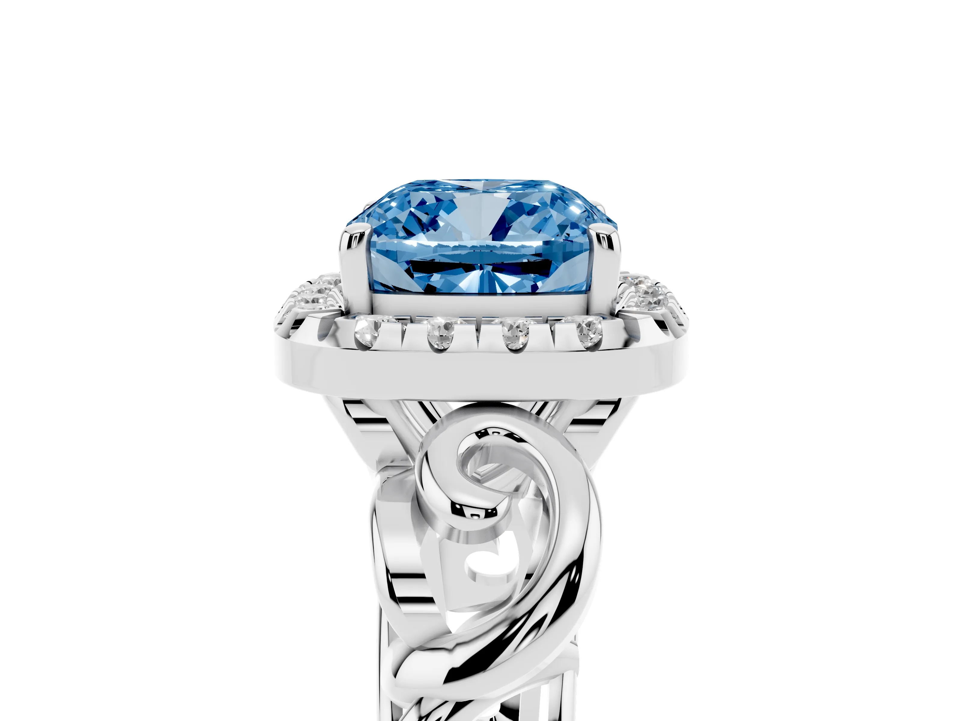 Fancy Blue Cushion Cut Diamond Halo Ring Set in Platinum with Scrollwork Band and Prong Setting