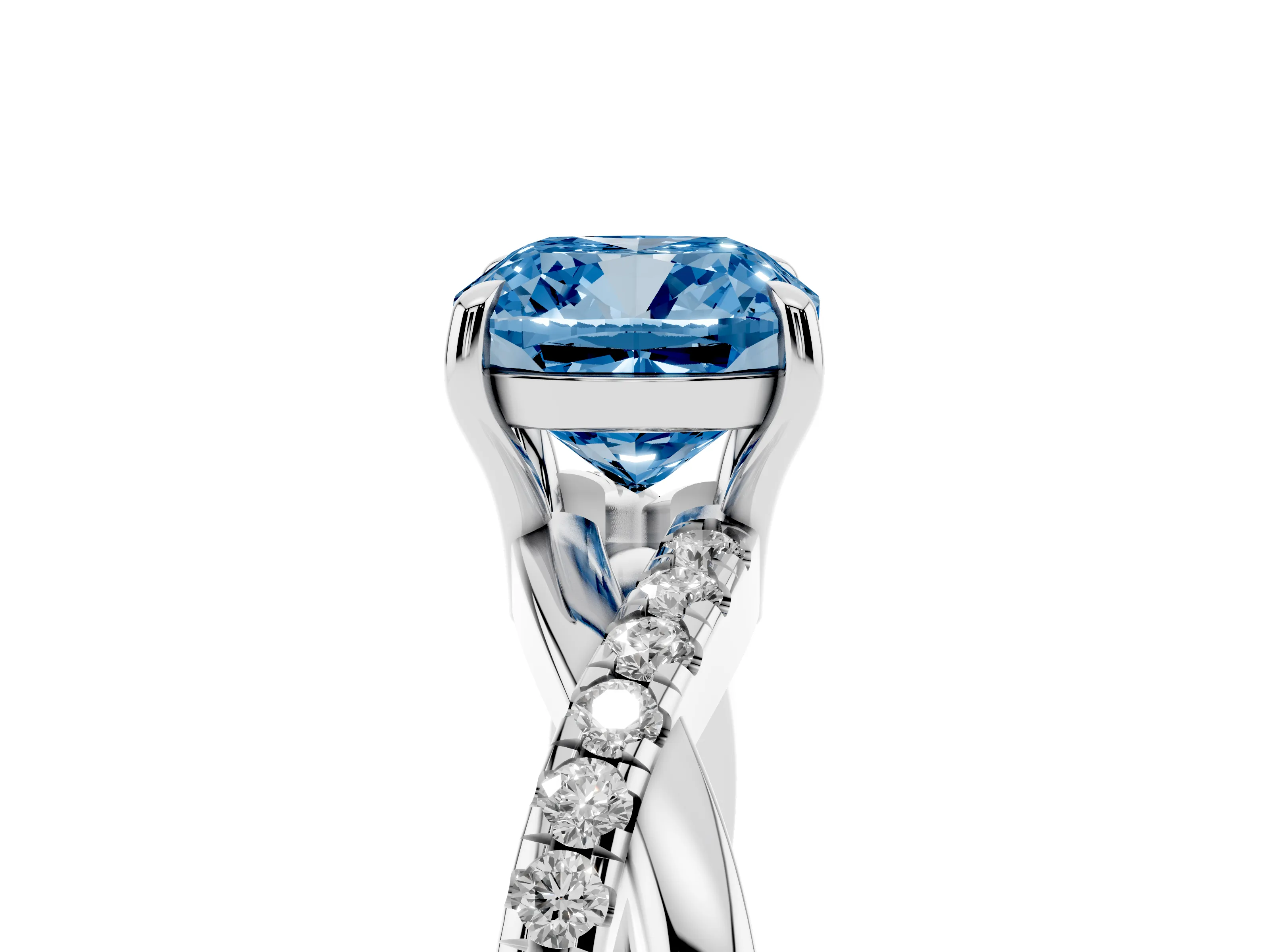 Fancy Blue Cushion Cut Diamond Twisted Pavé Band Ring Set in Silver with Prong Setting