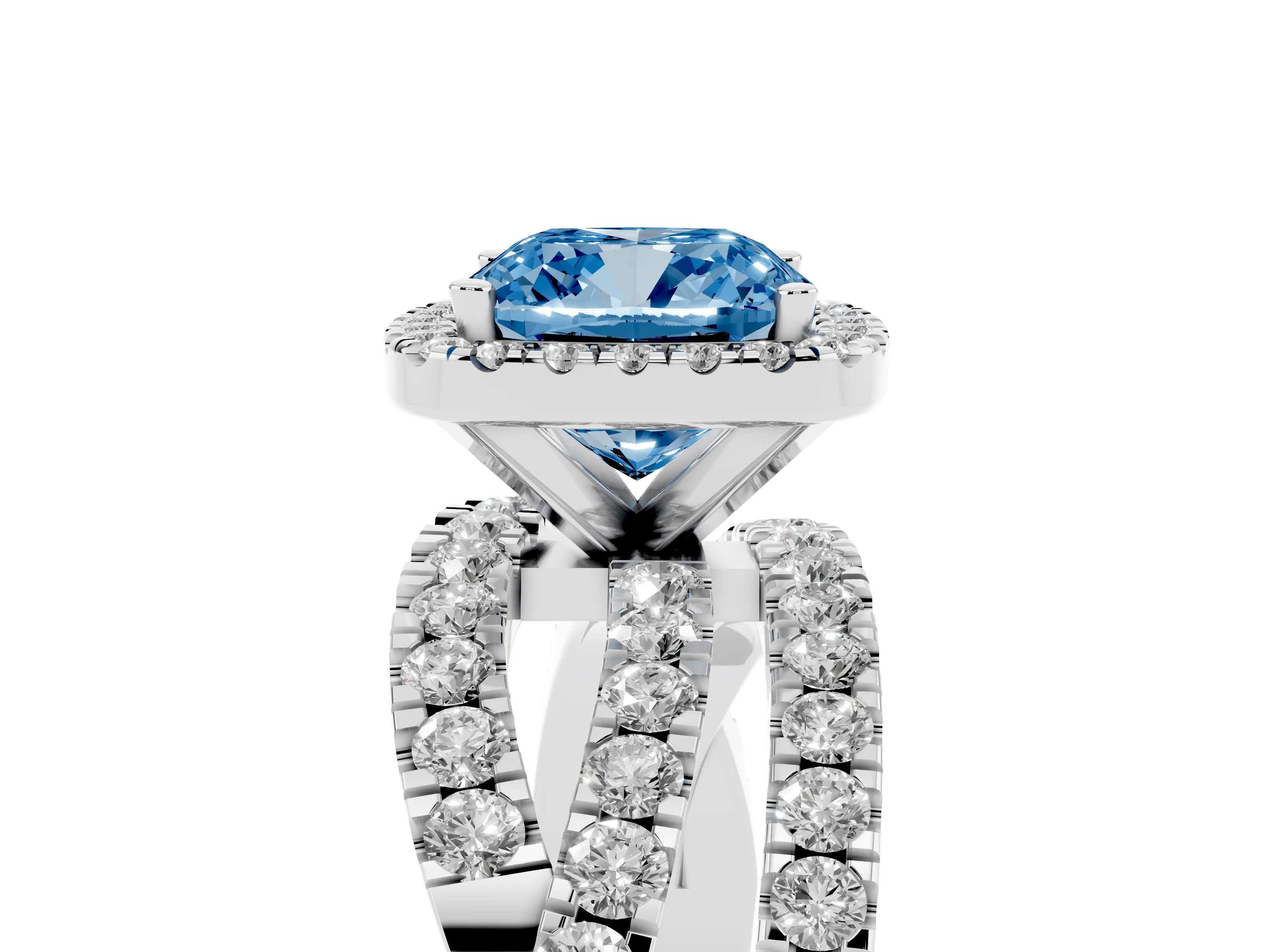 Fancy Blue Cushion Cut Diamond Halo Ring Set in Silver with Round Crossover Split Shank and Prong Setting