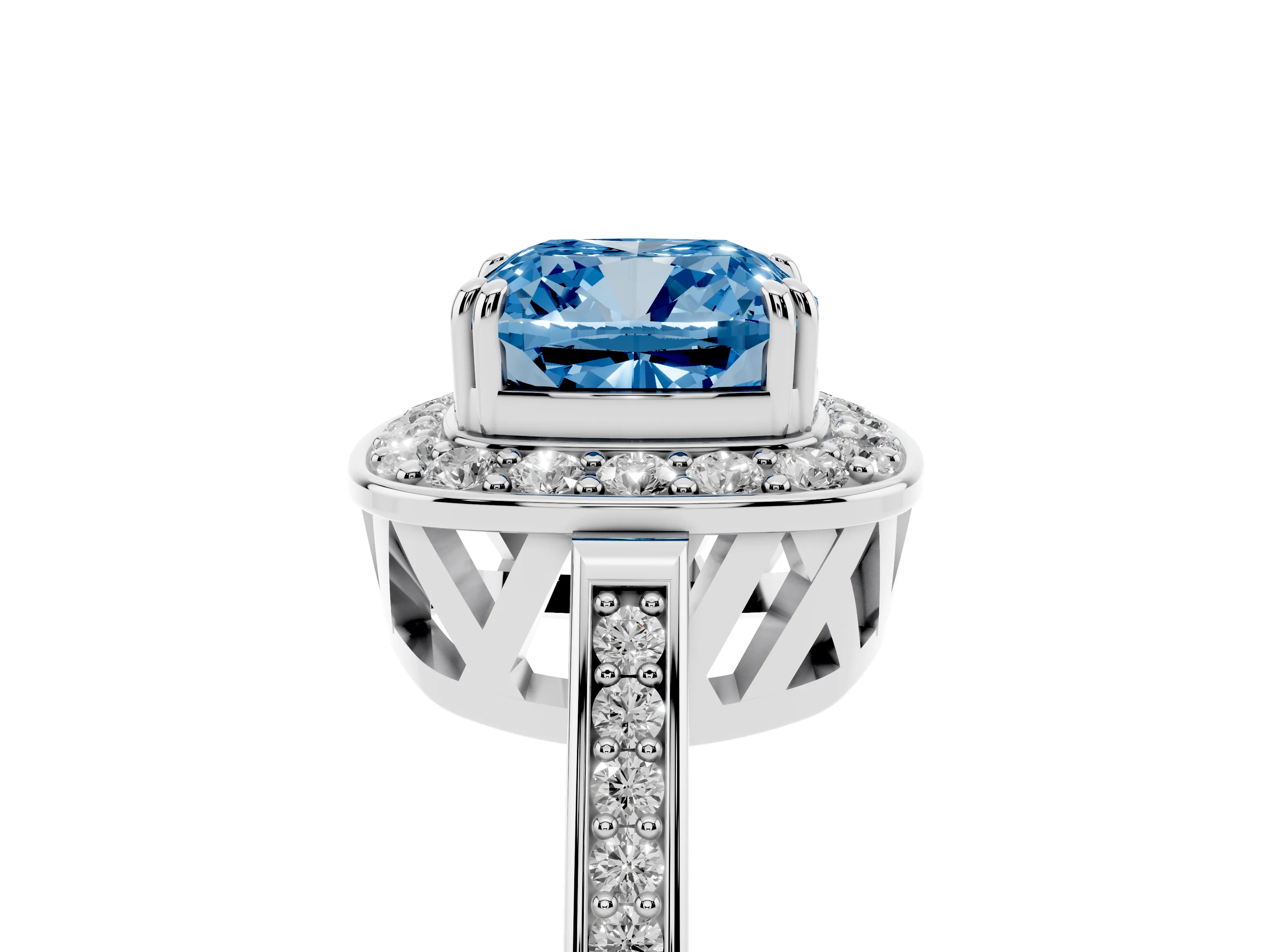 Fancy Blue Cushion Cut Diamond Halo Ring Set in Platinum with Accent-Lined Split Shank and Prong Setting
