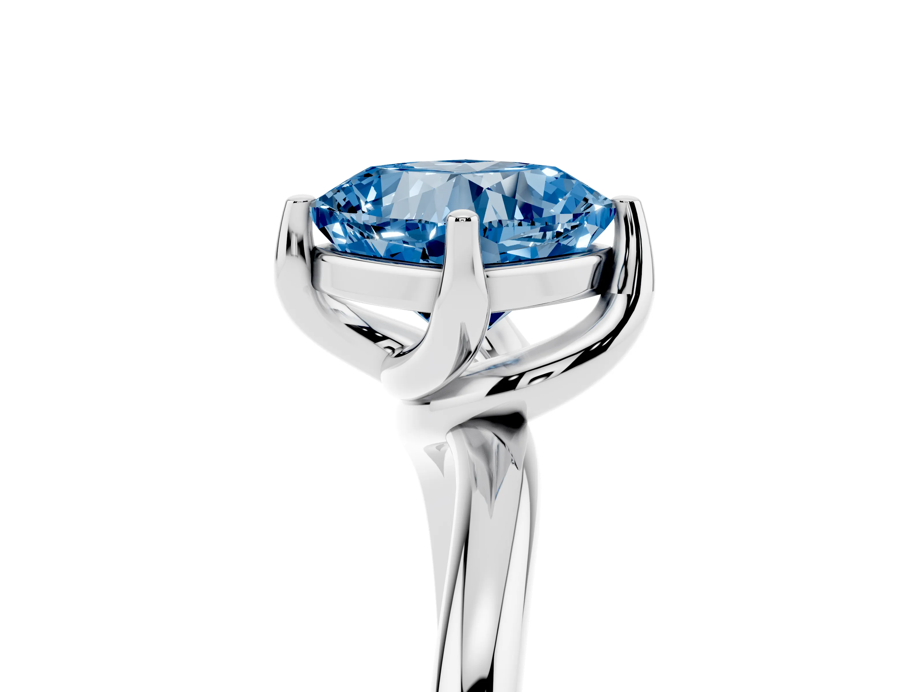 Fancy Blue Cushion Cut Diamond Solitaire Engagement Ring Set in Platinum with Classic Plain Band